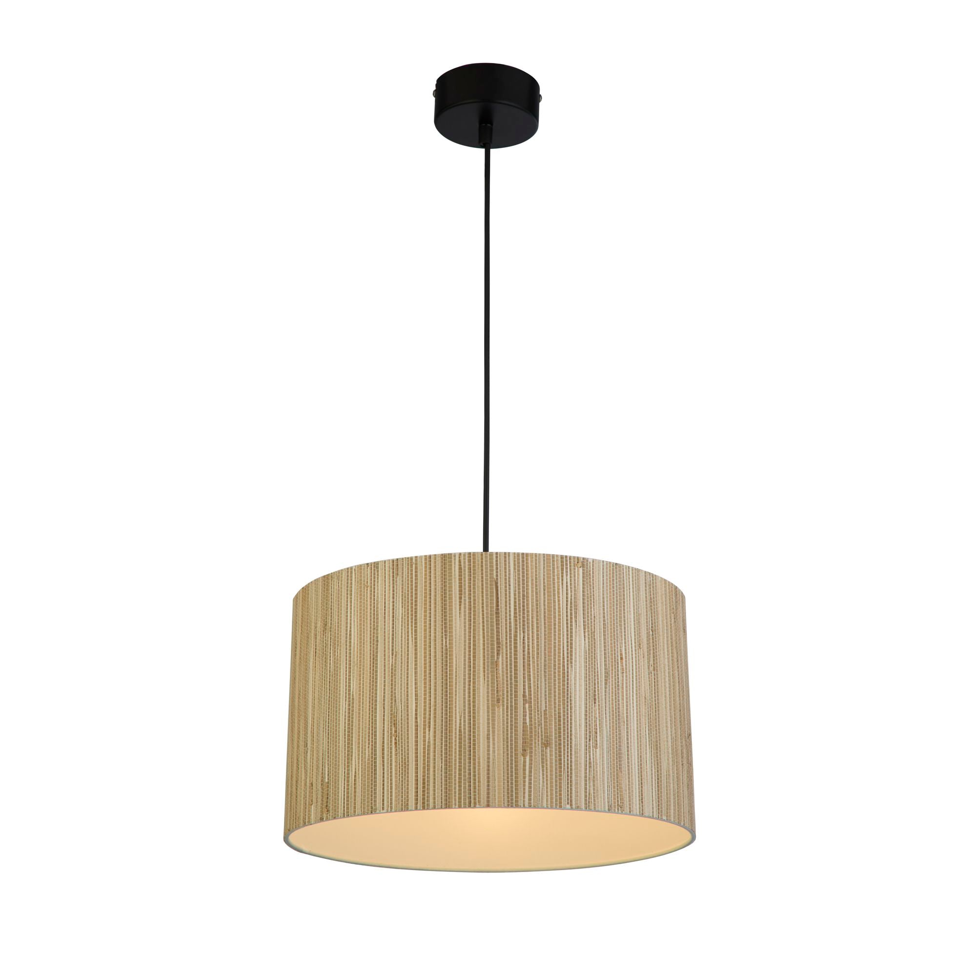 Searchlight Meadow pendant light with natural grass drum shade and black ceiling rose, studio shot on white background