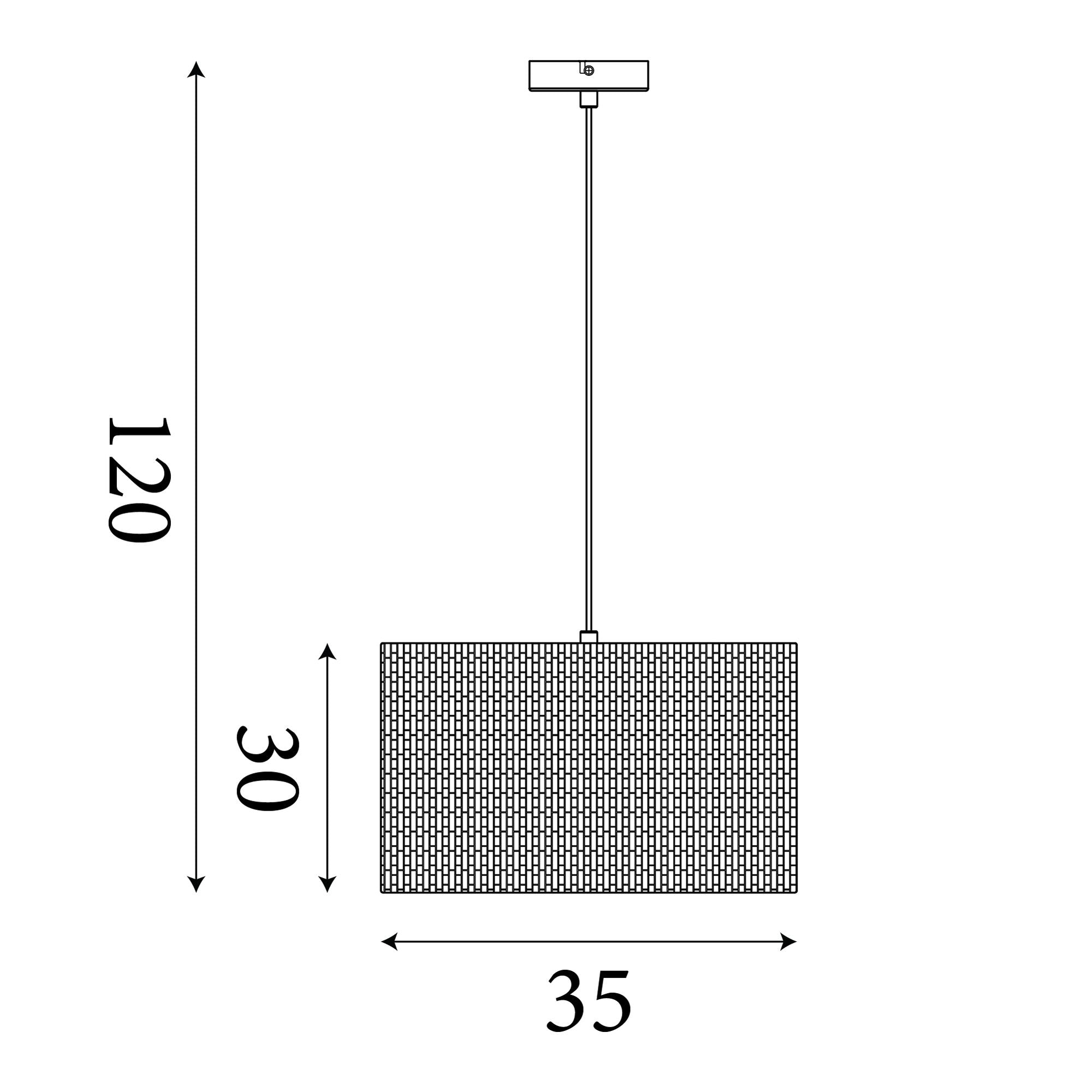 Technical line drawing of the Searchlight Meadow pendant showing 120cm maximum drop, 30cm shade height and 35cm diameter