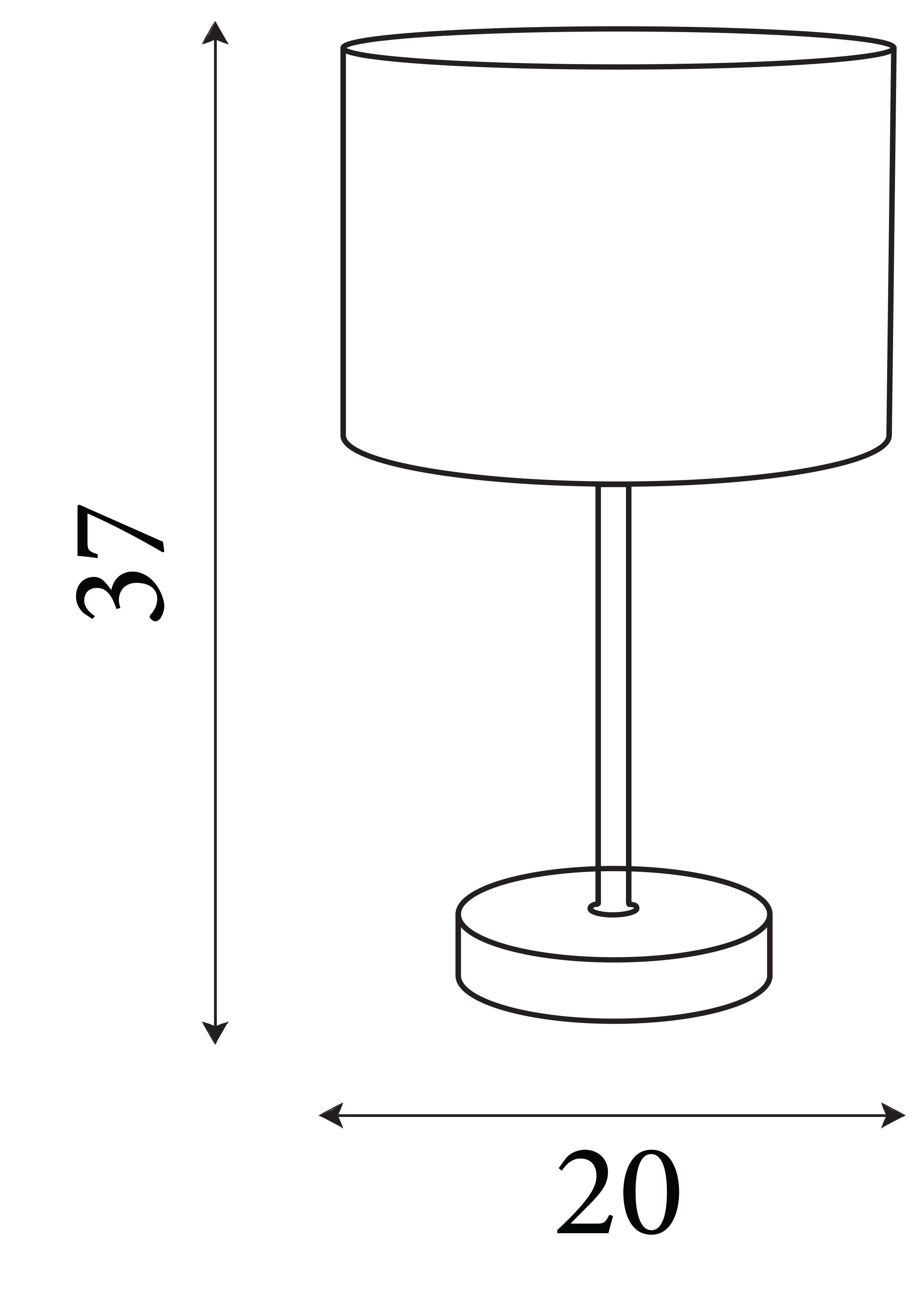 Technical line drawing of the Searchlight Meadow table lamp showing 37cm height and 20cm base width