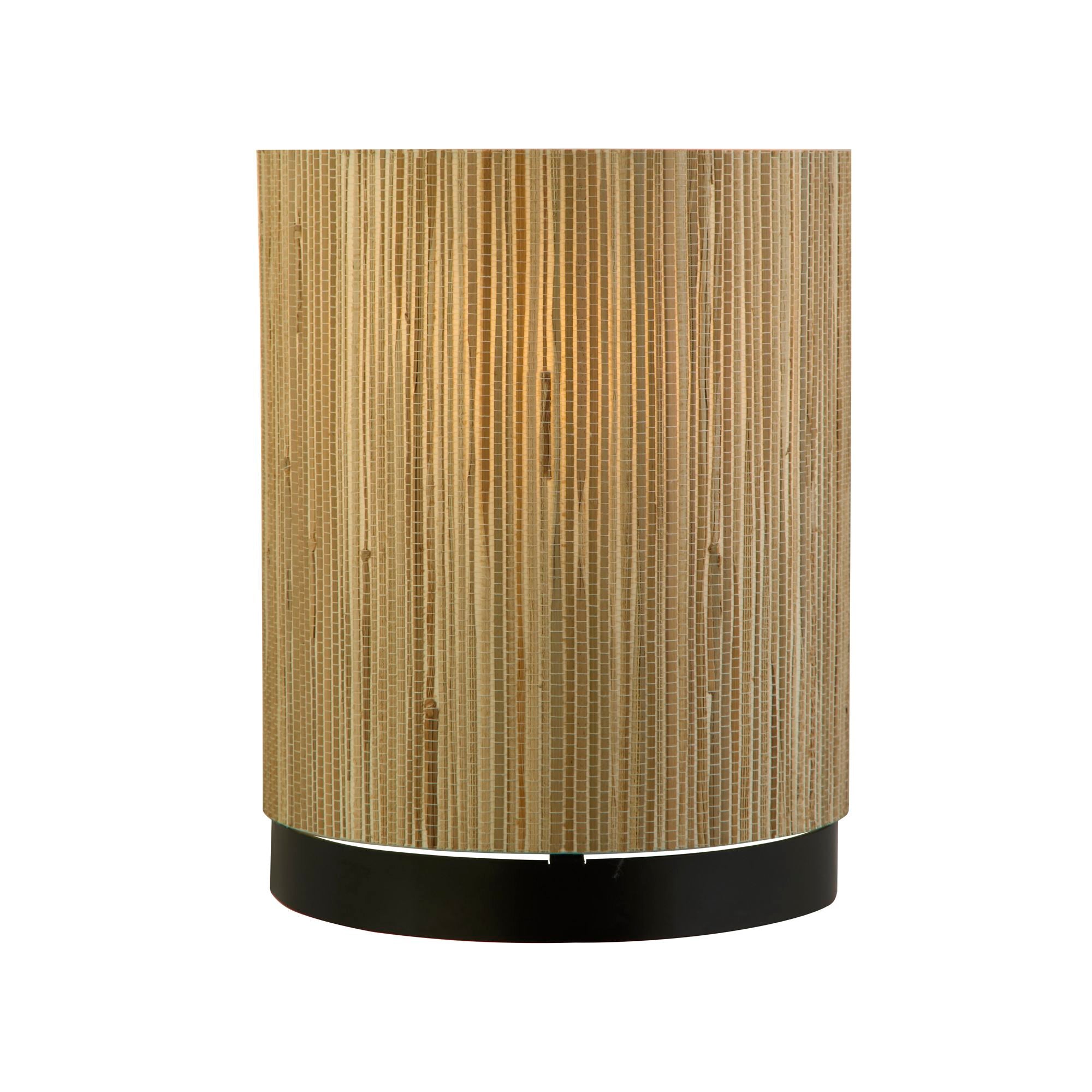 Searchlight Meadow wall light with natural grass half drum shade and black trim, lit studio shot on white background