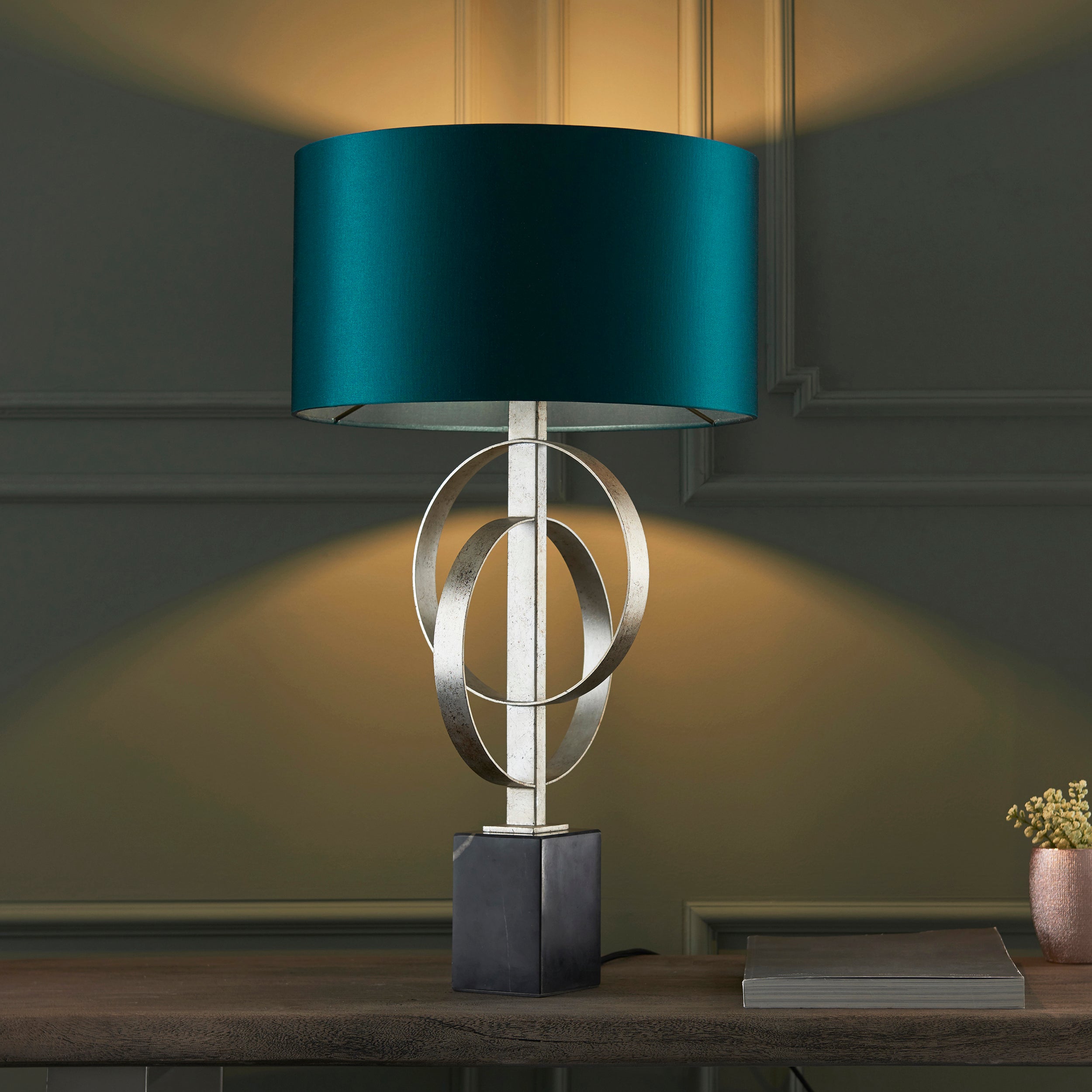 Utopia Interlink Table Lamp - Antique Silver Leaf With Teal Shade
