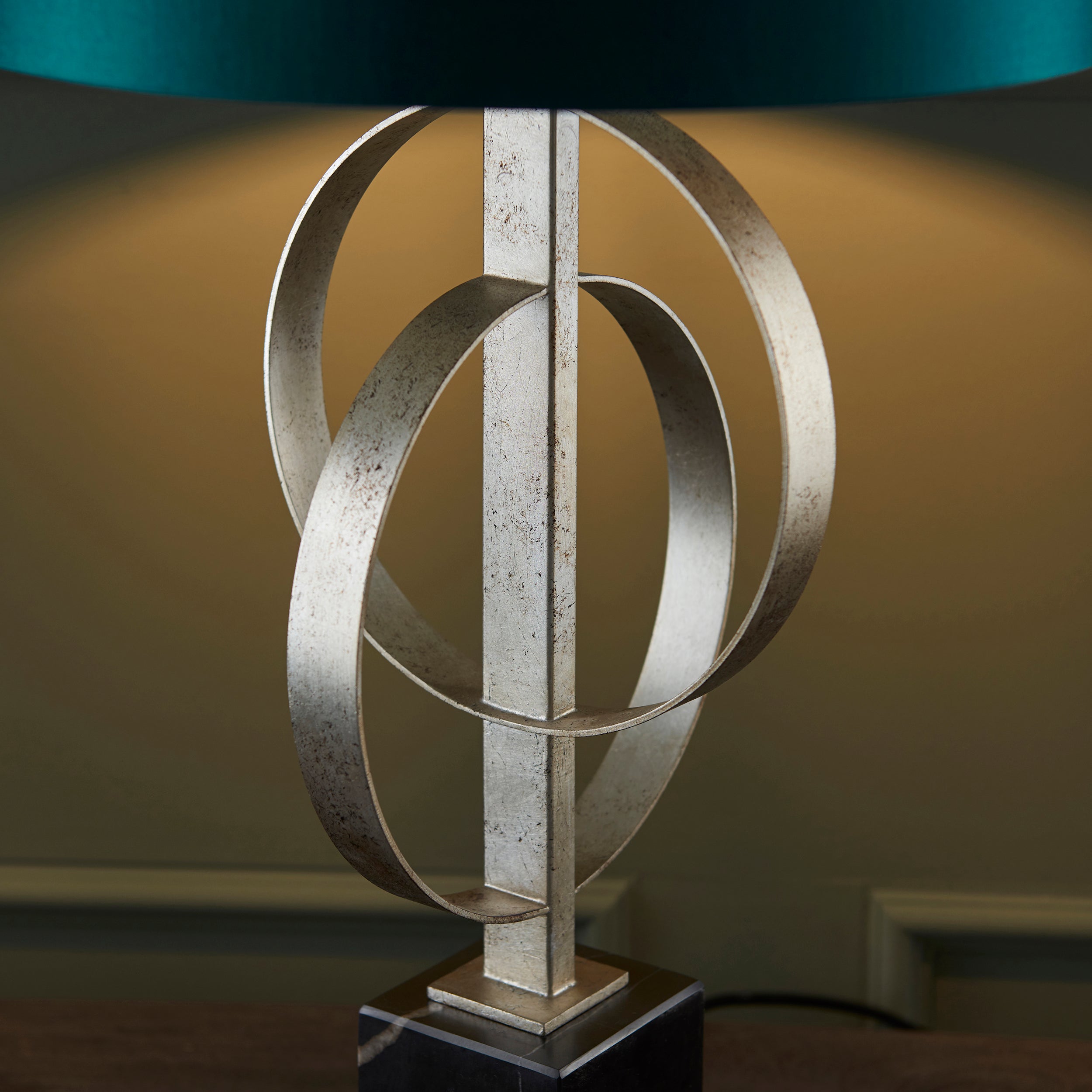Utopia Interlink Table Lamp - Antique Silver Leaf With Teal Shade