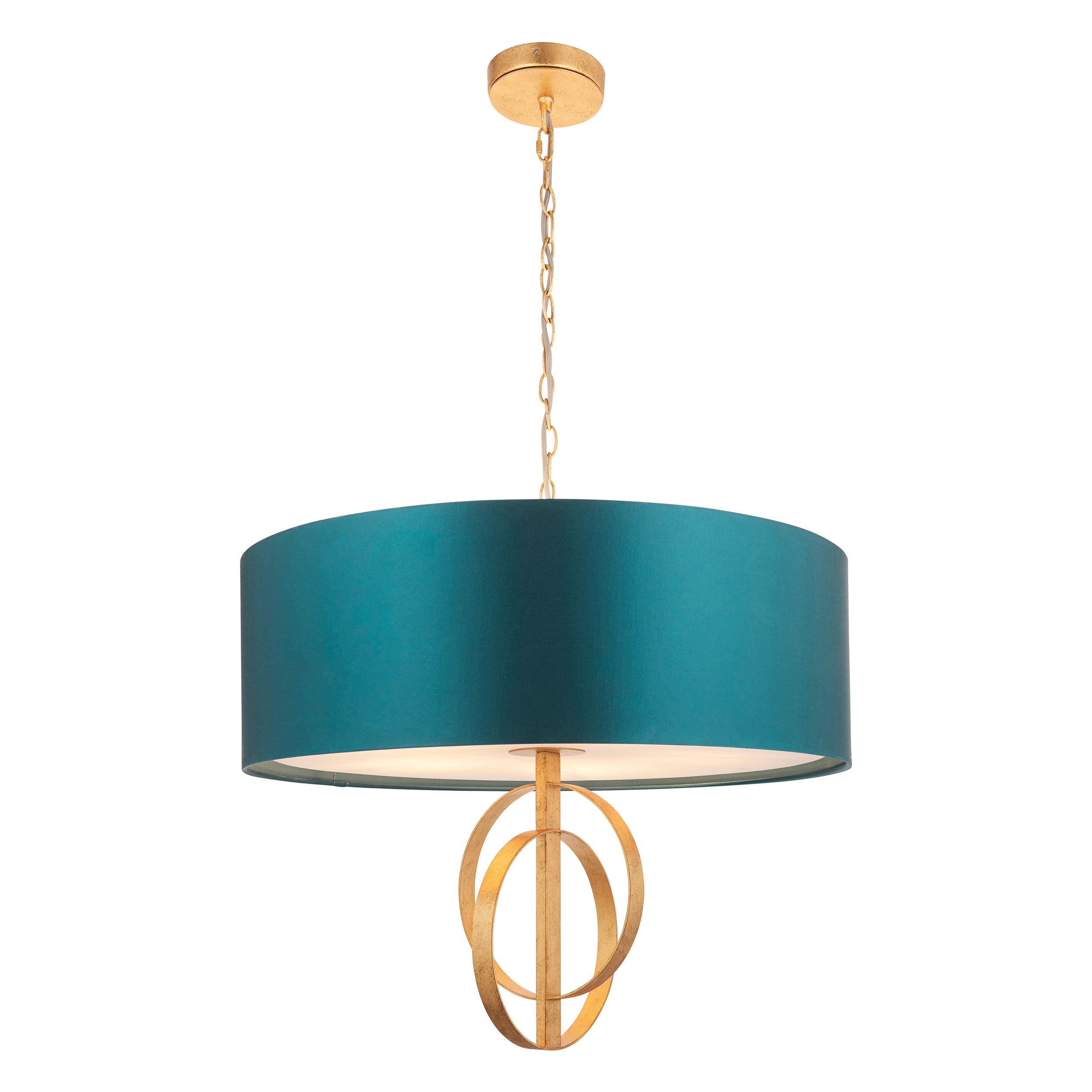 Utopia Interlink 5 Light Pendant - Antique Gold With Teal Shade - 70cm Diameter