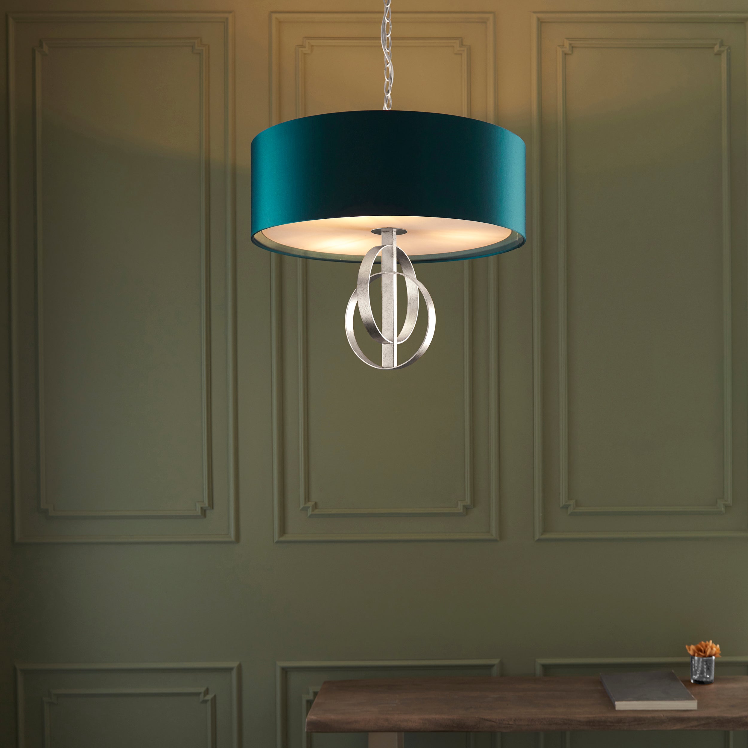 Utopia Interlink 3 Light Pendant - Antique Silver Leaf With Teal Shade - 60cm Diameter