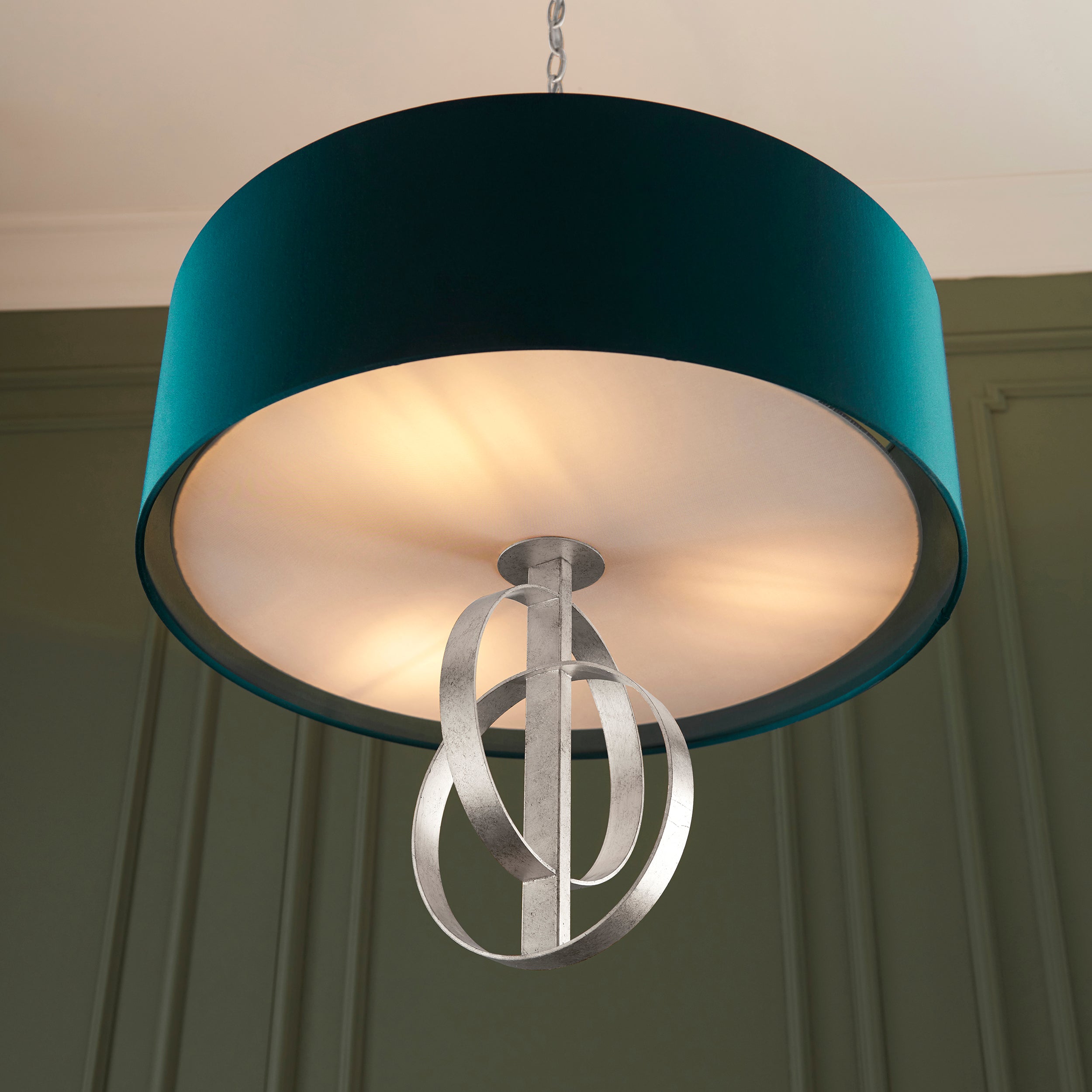 Utopia Interlink 3 Light Pendant - Antique Silver Leaf With Teal Shade - 60cm Diameter