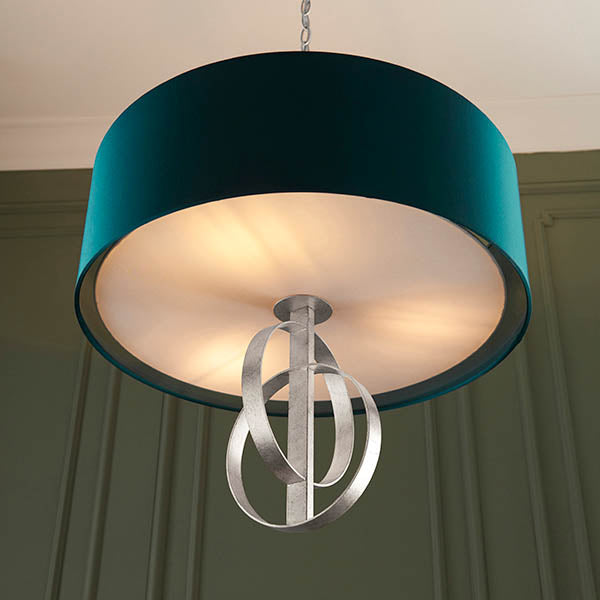 Utopia Interlink 3 Light Pendant - Antique Silver Leaf With Teal Shade - 60cm Diameter