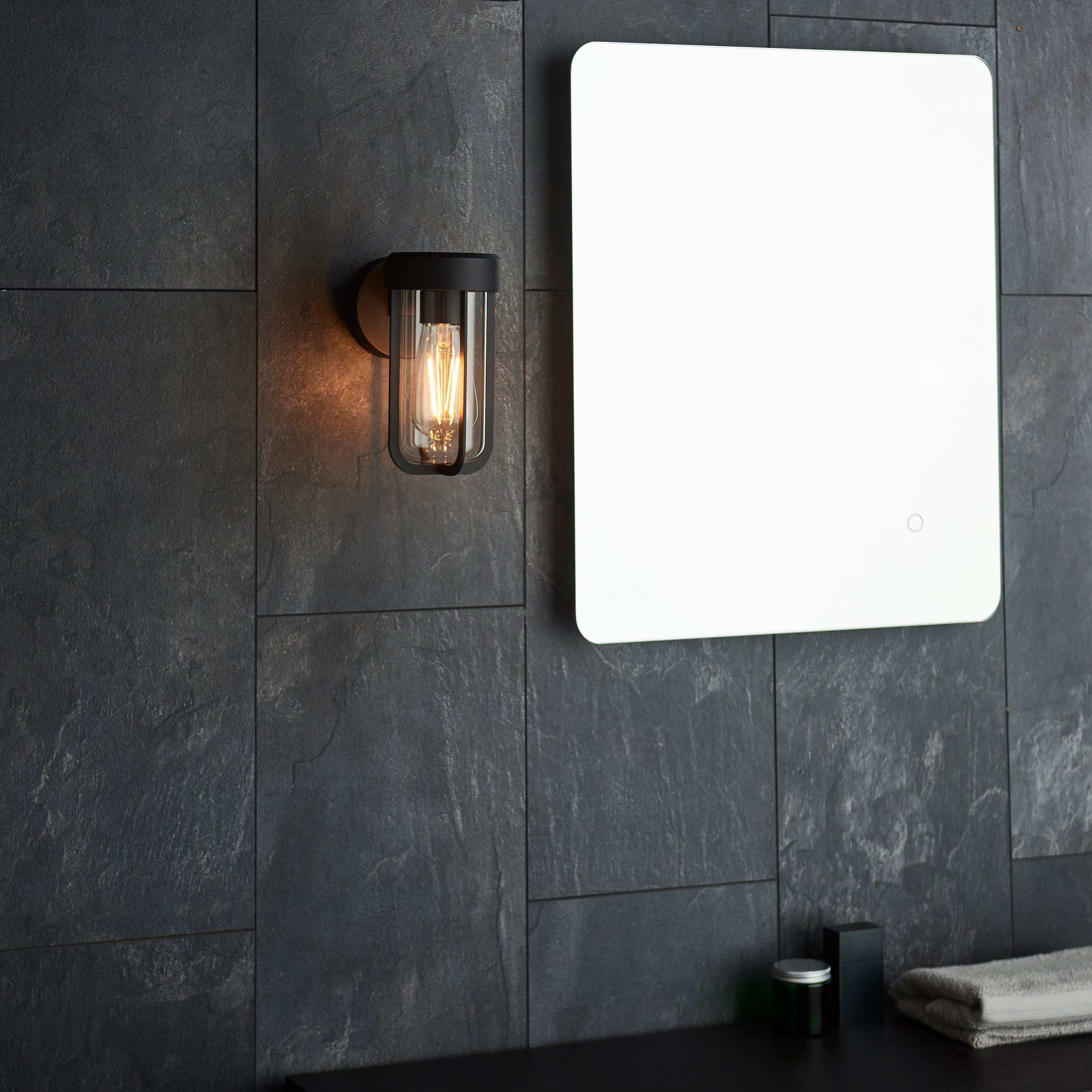 Utopia Pluto IP44 Wall Light - Matt Black And Clear Glass - E27