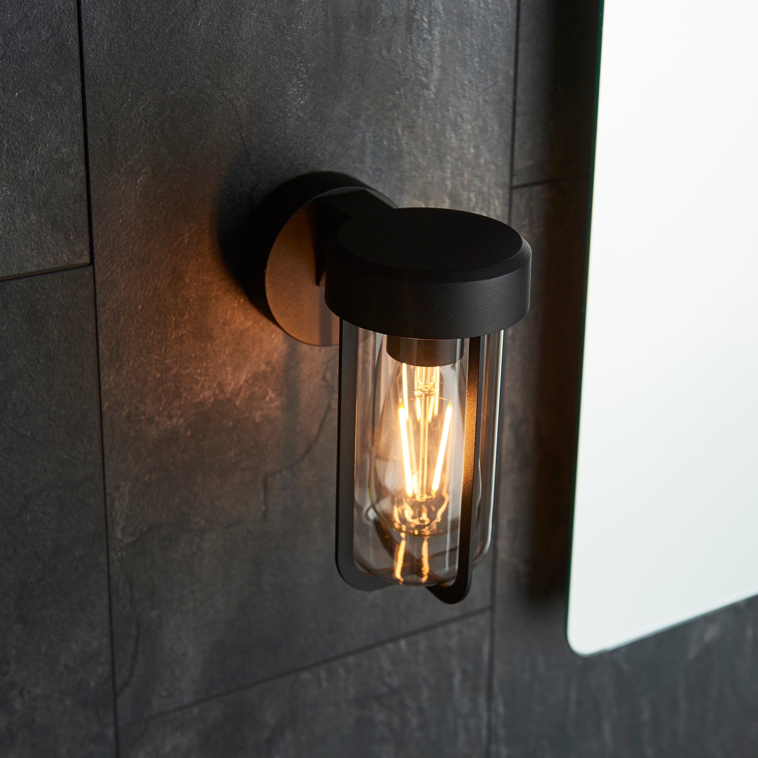 Utopia Pluto IP44 Wall Light - Matt Black And Clear Glass - E27