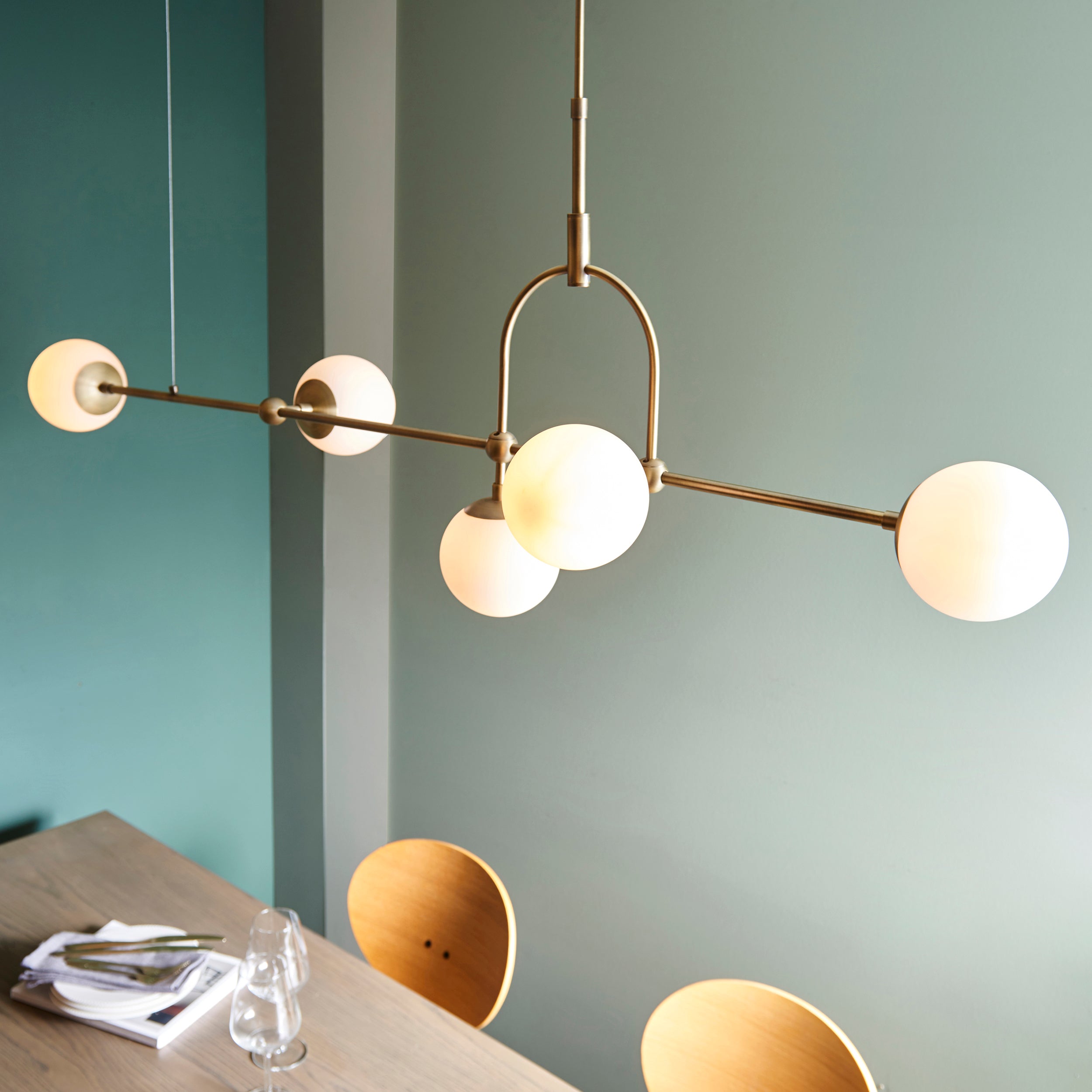 Utopia Sphere 5 Light Linear Pendant - Antique Brass - Length 162cm