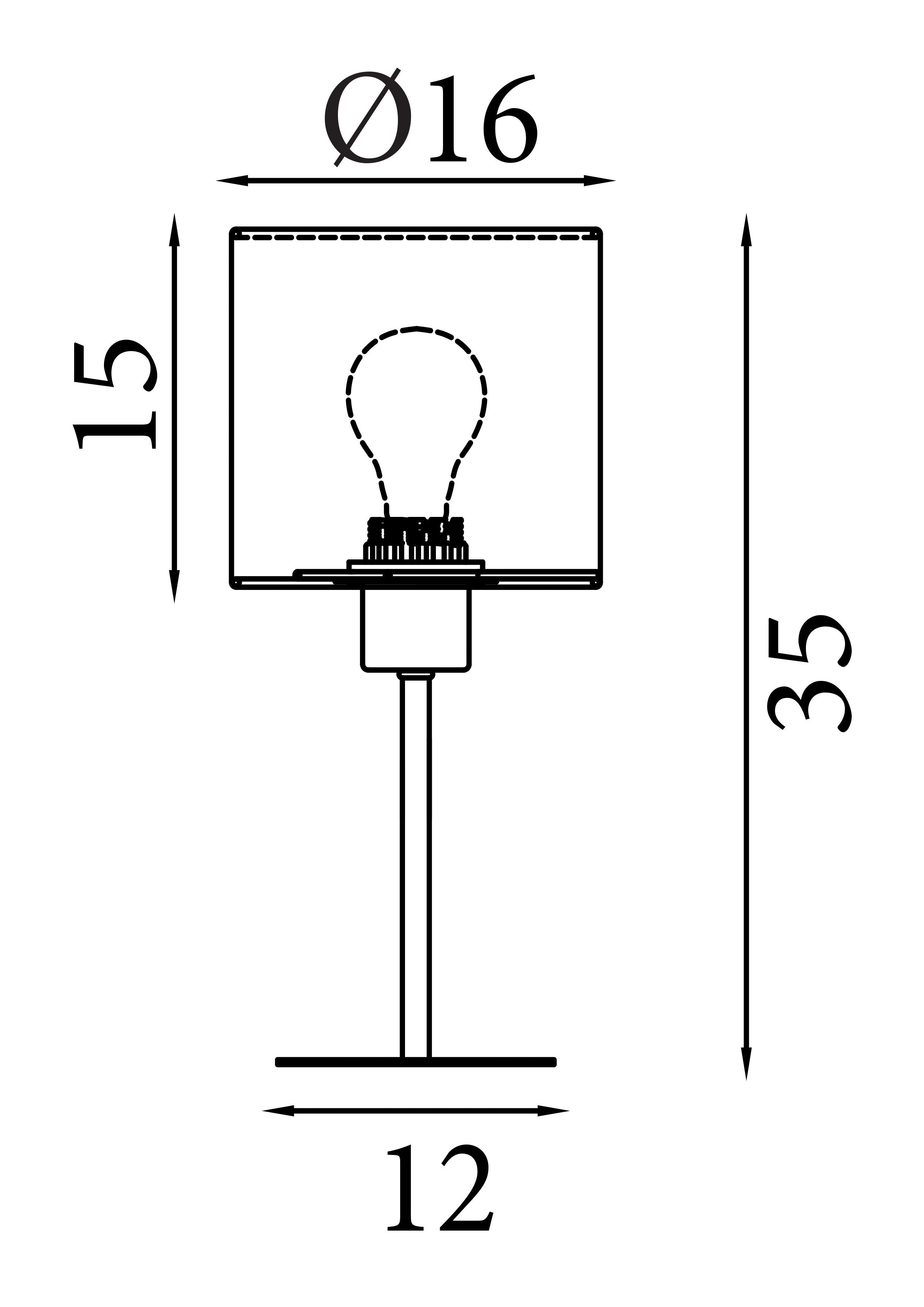 Line drawing of the Searchlight Chelsea table lamp showing a height of 35cm, shade diameter of 16cm and base width of 12cm