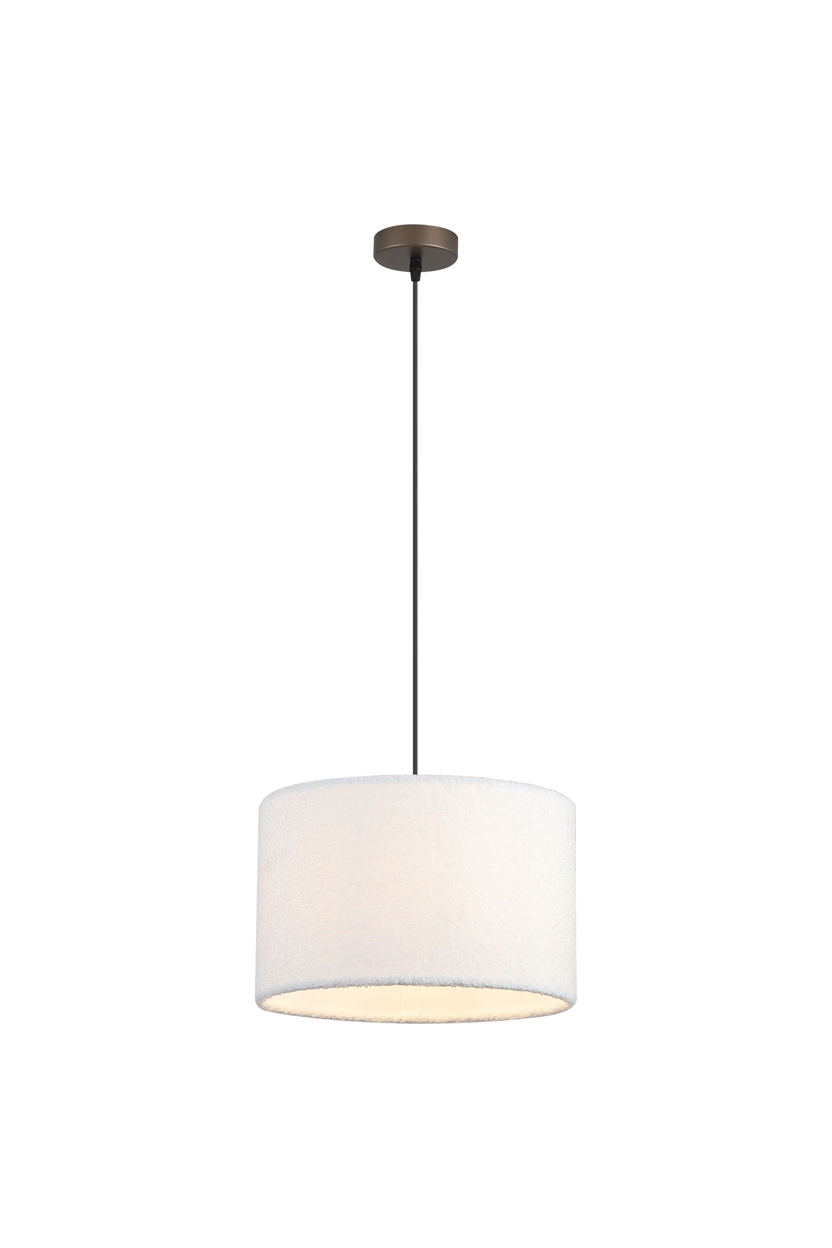Searchlight Chelsea pendant light with a cream boucle drum shade on a latte metal ceiling rose, studio shot on white