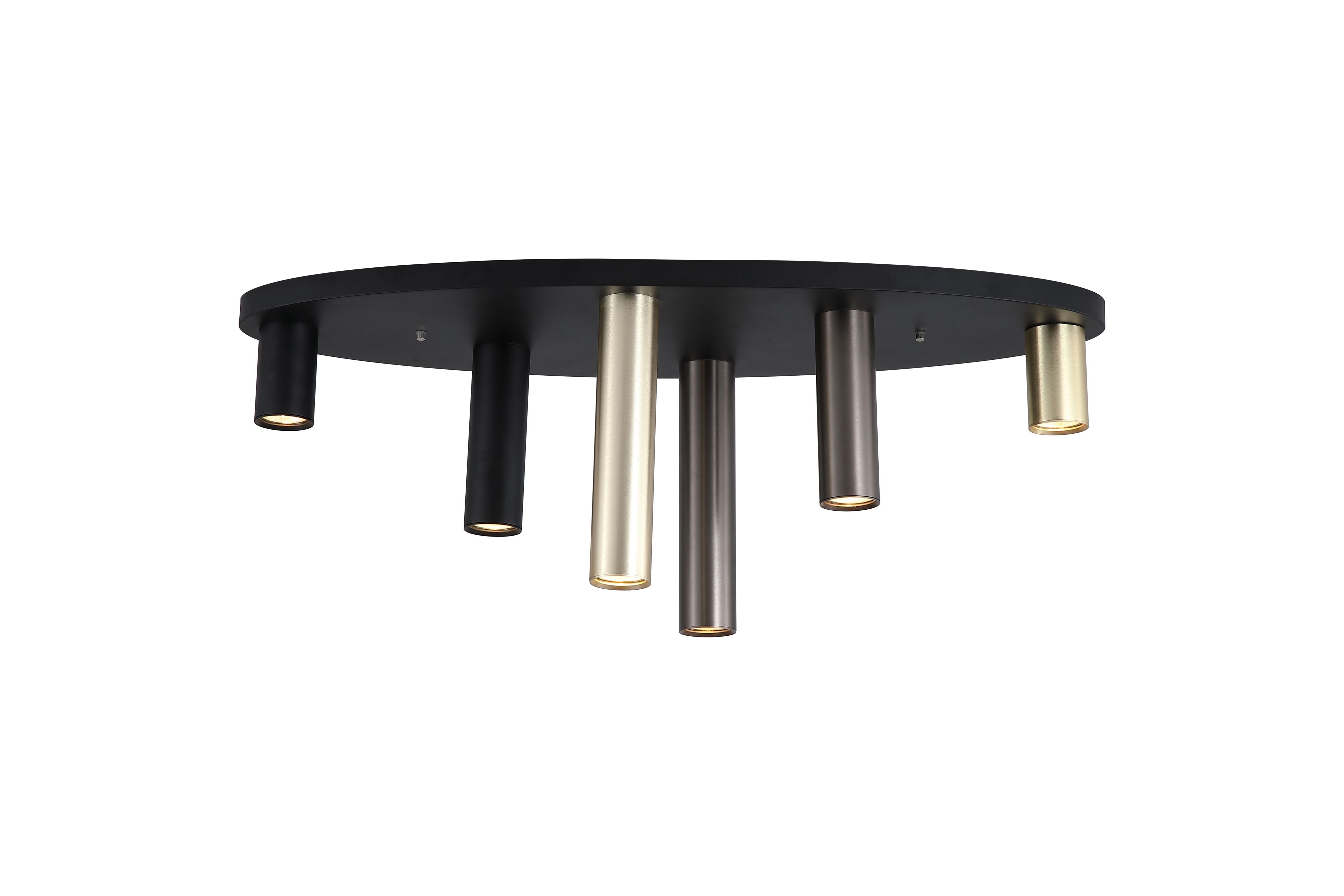 Searchlight Tubes 6 Light Flush 80cm on a plain white background, showing six adjustable spotlight tubes in black, anodised bronze and brass spread across a wide round ceiling plate