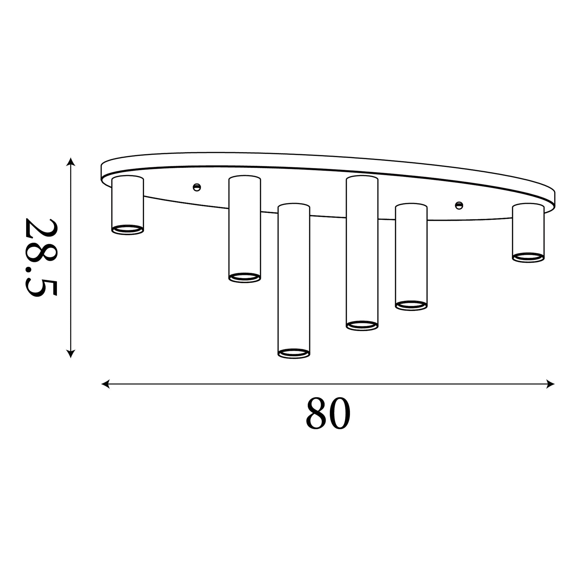 Technical dimension diagram of the Searchlight Tubes 6 Light Flush 80cm showing 80cm width and 28.5cm height