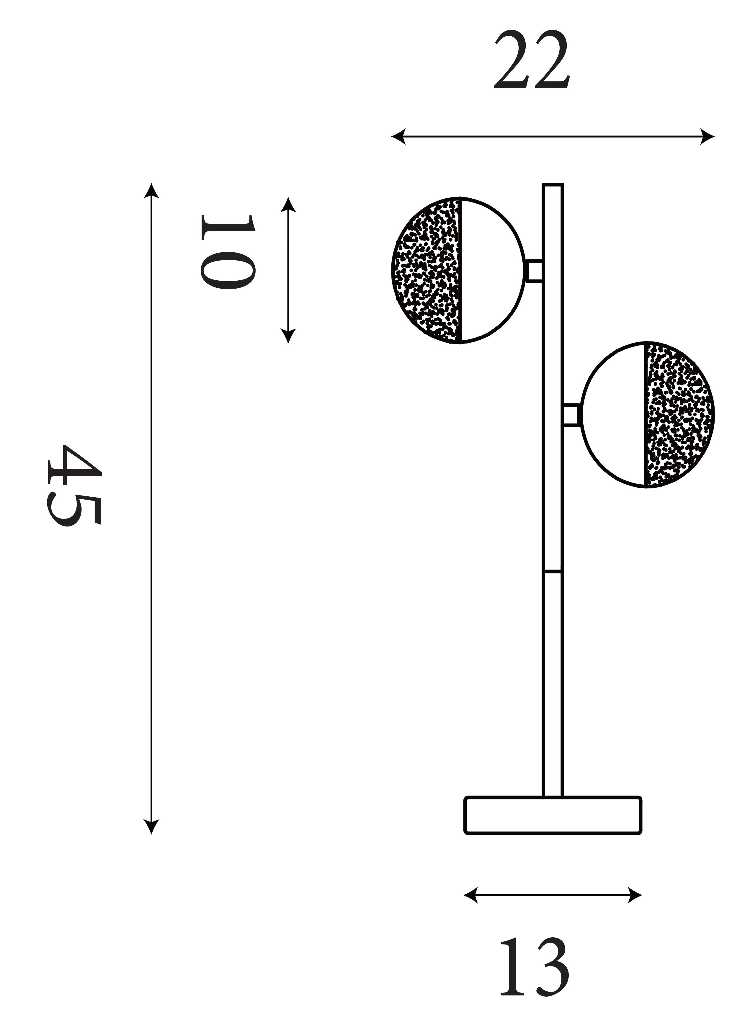 Line drawing of the Marbles table lamp showing dimensions of 45cm height, 13cm width and 22cm depth