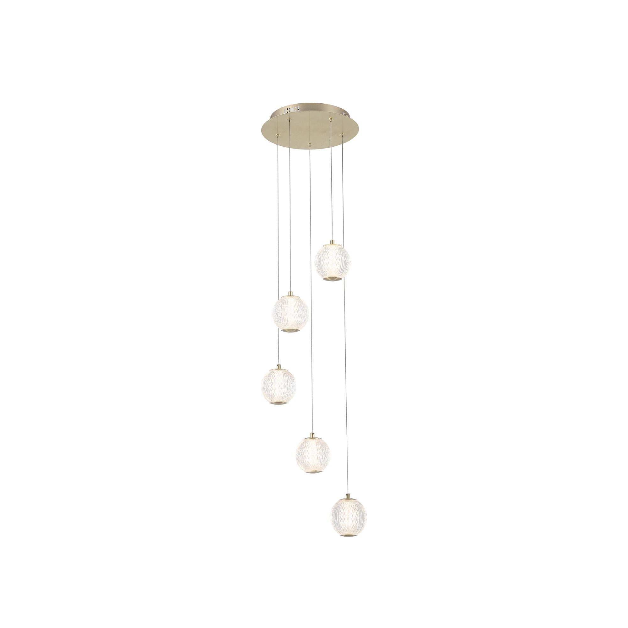 Searchlight Allure 5 light multi drop pendant in satin brass, studio shot of the staggered etched acrylic globes