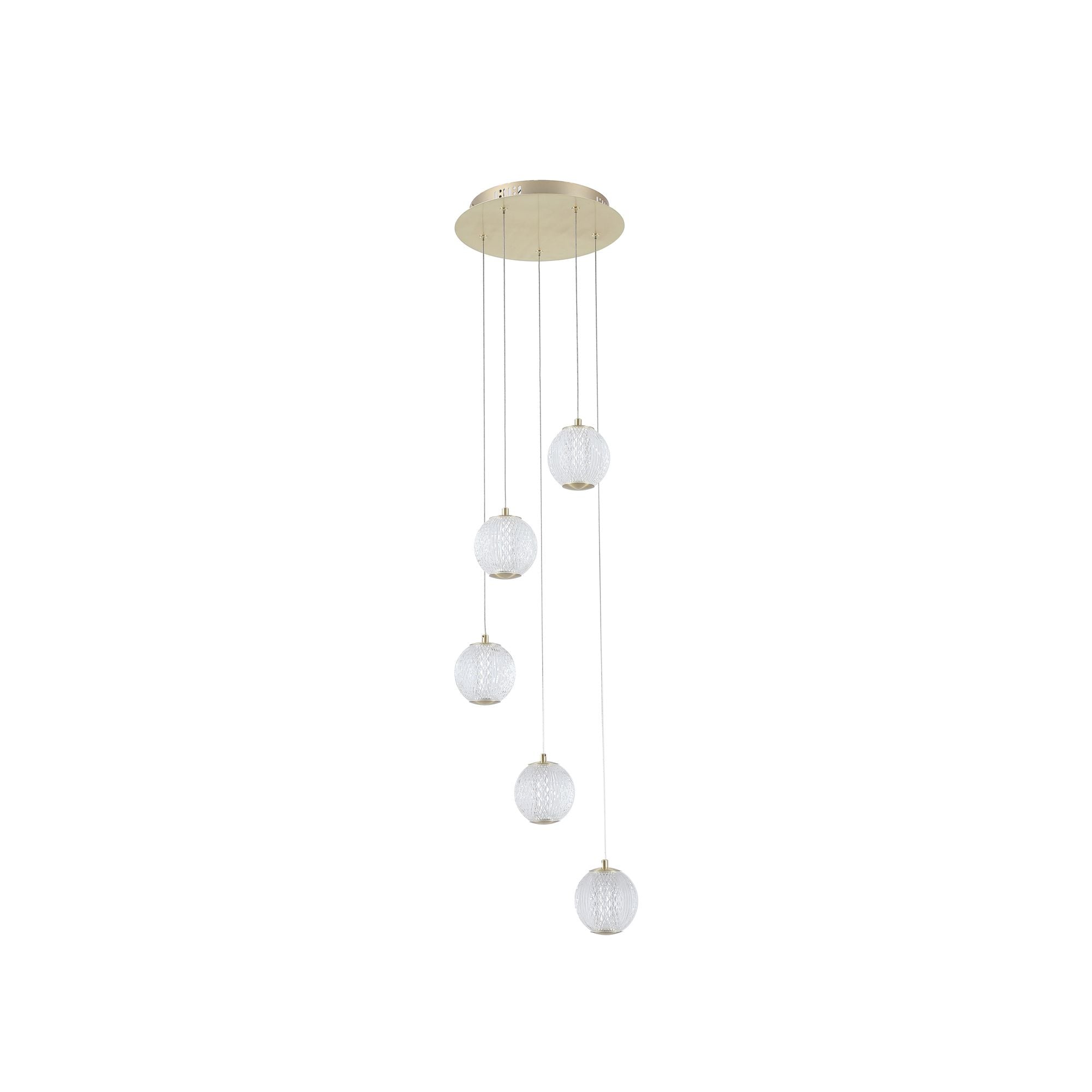 Searchlight Allure 5 light multi drop pendant in satin brass, alternate angle of the staggered globes