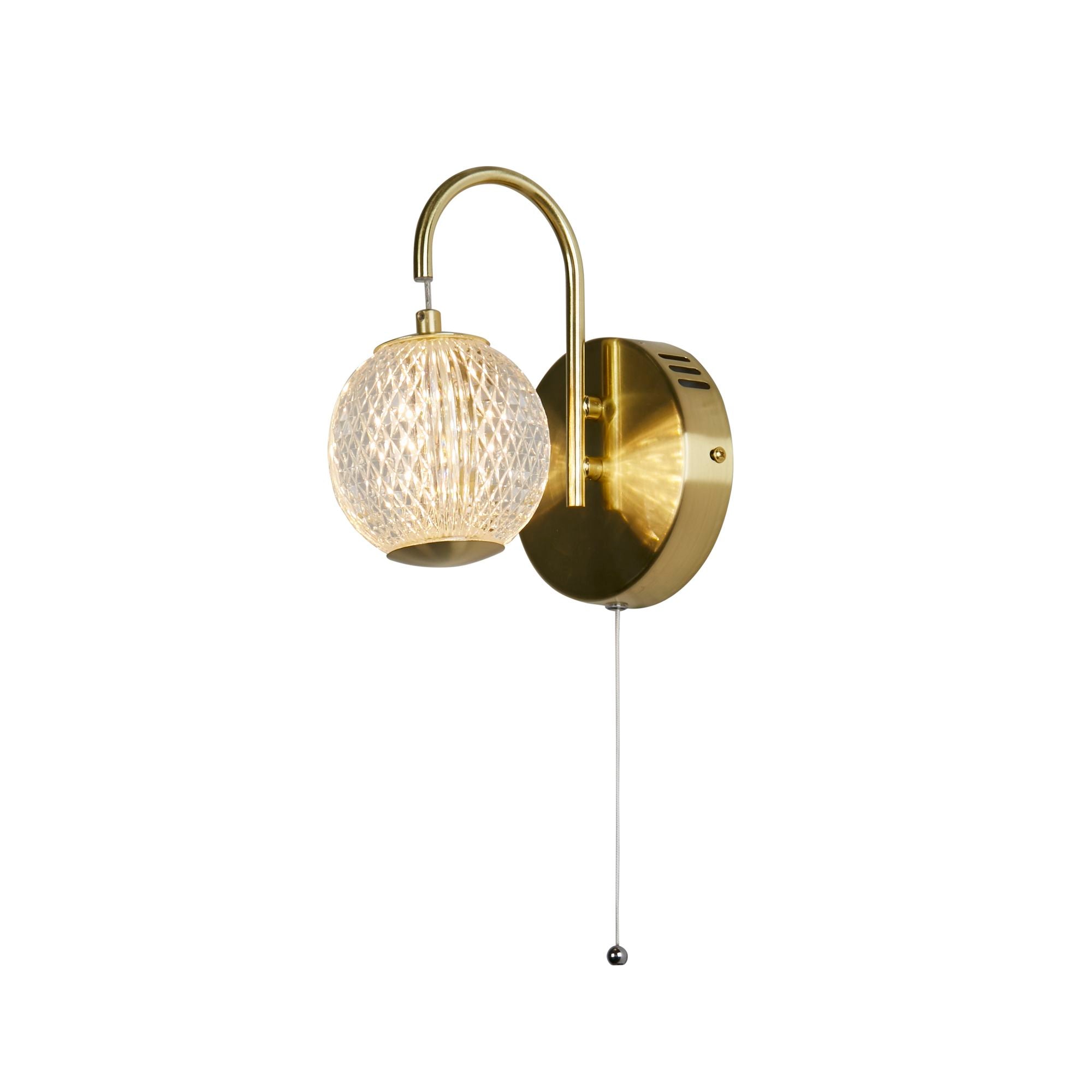 Searchlight Allure wall light in satin brass, studio shot showing the curved arm, etched acrylic globe and pull cord switch