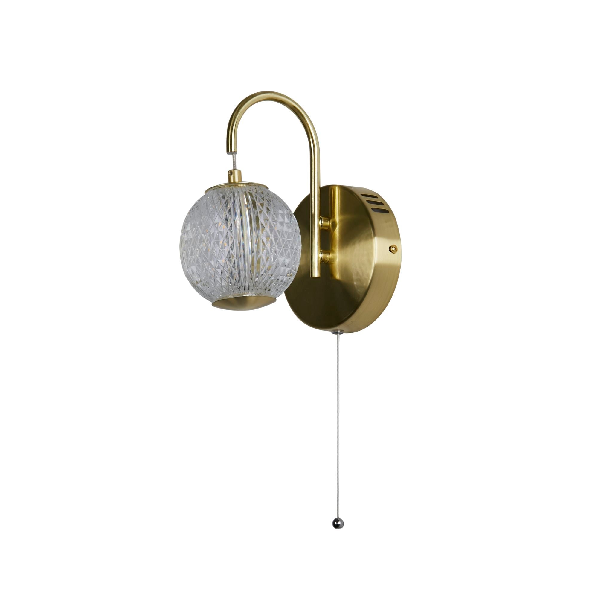 Searchlight Allure wall light in satin brass, alternate angle of the curved arm and etched acrylic globe