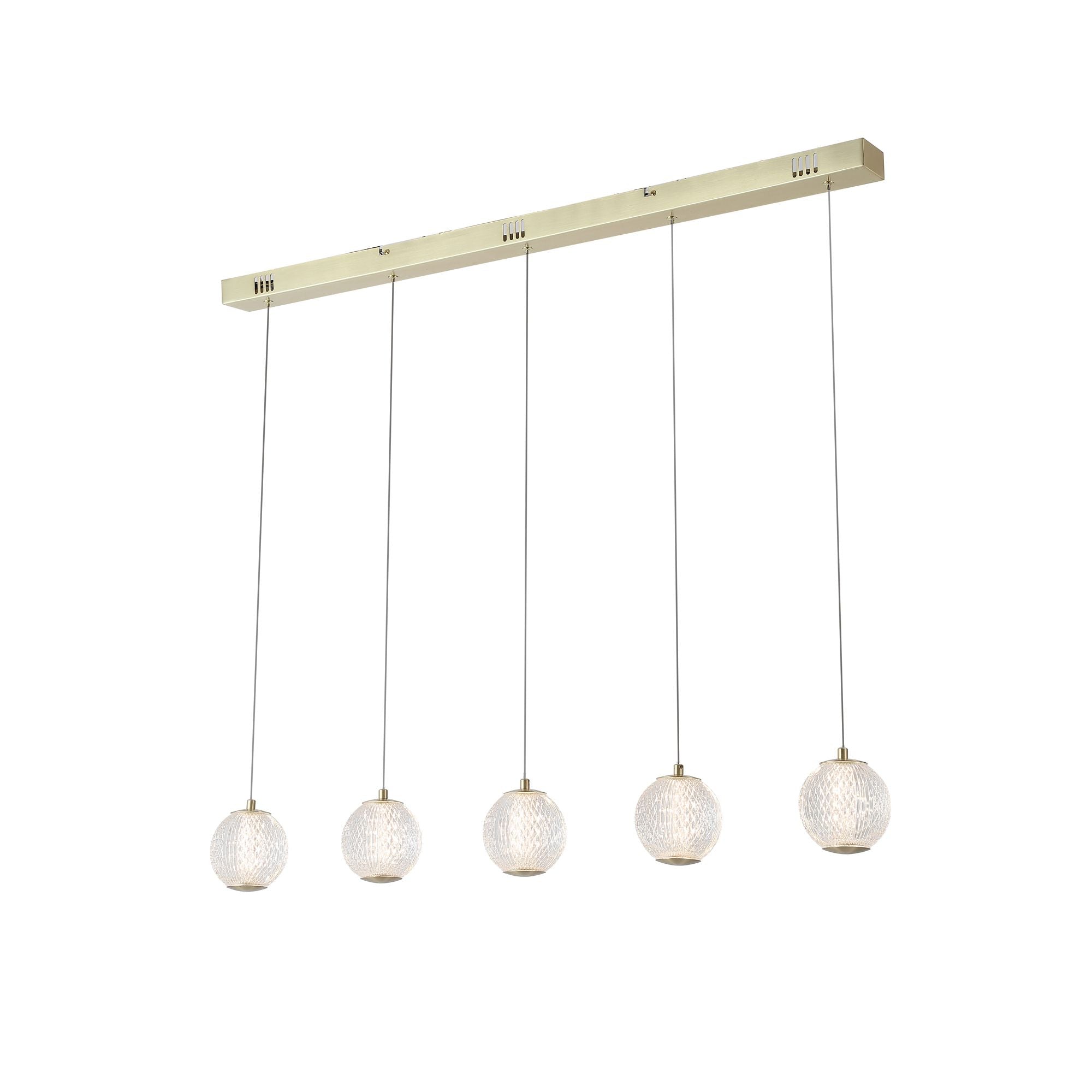 Searchlight Allure 5 light bar pendant in satin brass, studio shot of the ceiling bar with 5 staggered etched acrylic globes