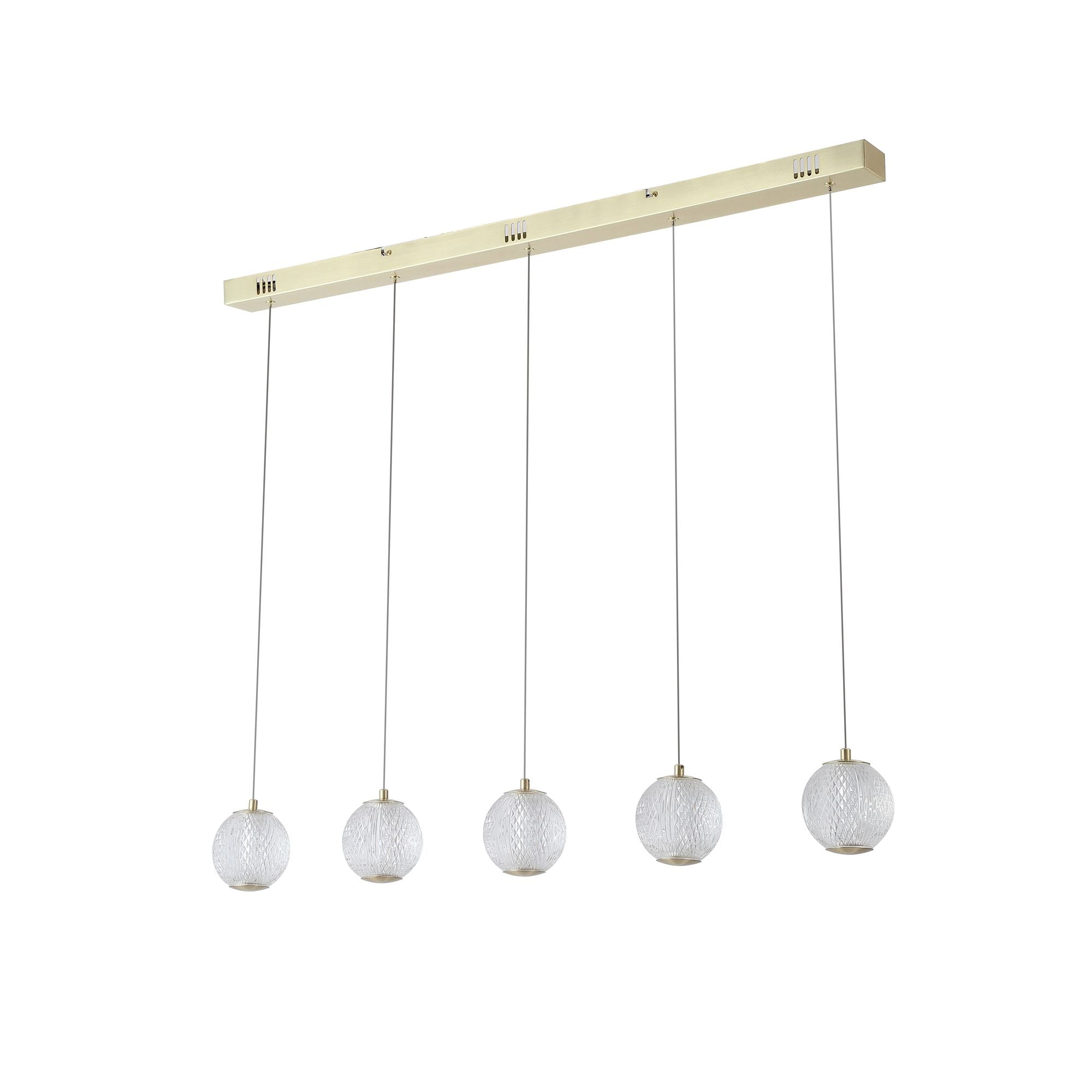 Searchlight Allure 5 light bar pendant in satin brass, alternate angle of the bar and staggered globes