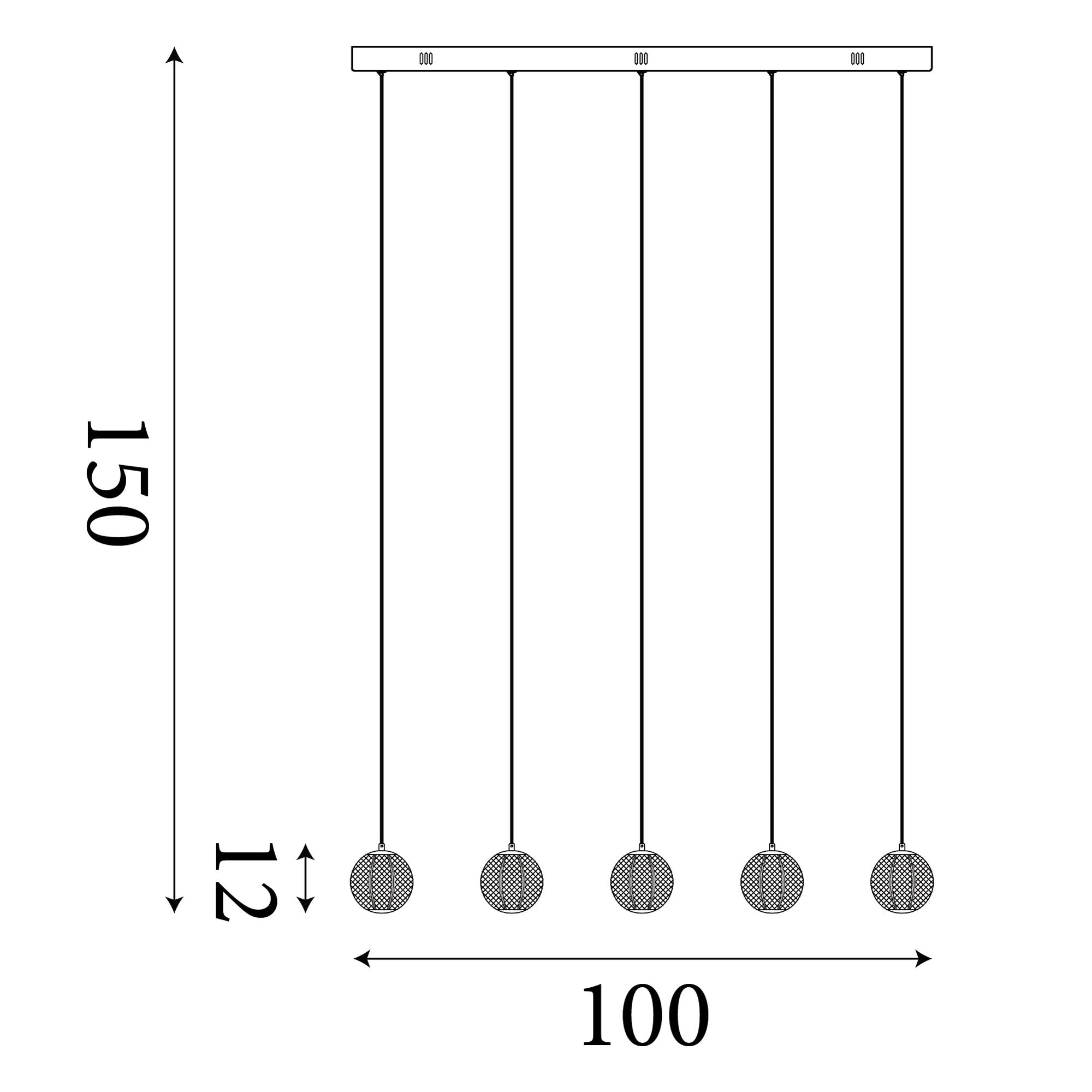 Technical drawing of the Allure 5 light bar pendant showing dimensions, 100cm bar length and a maximum drop of 150cm