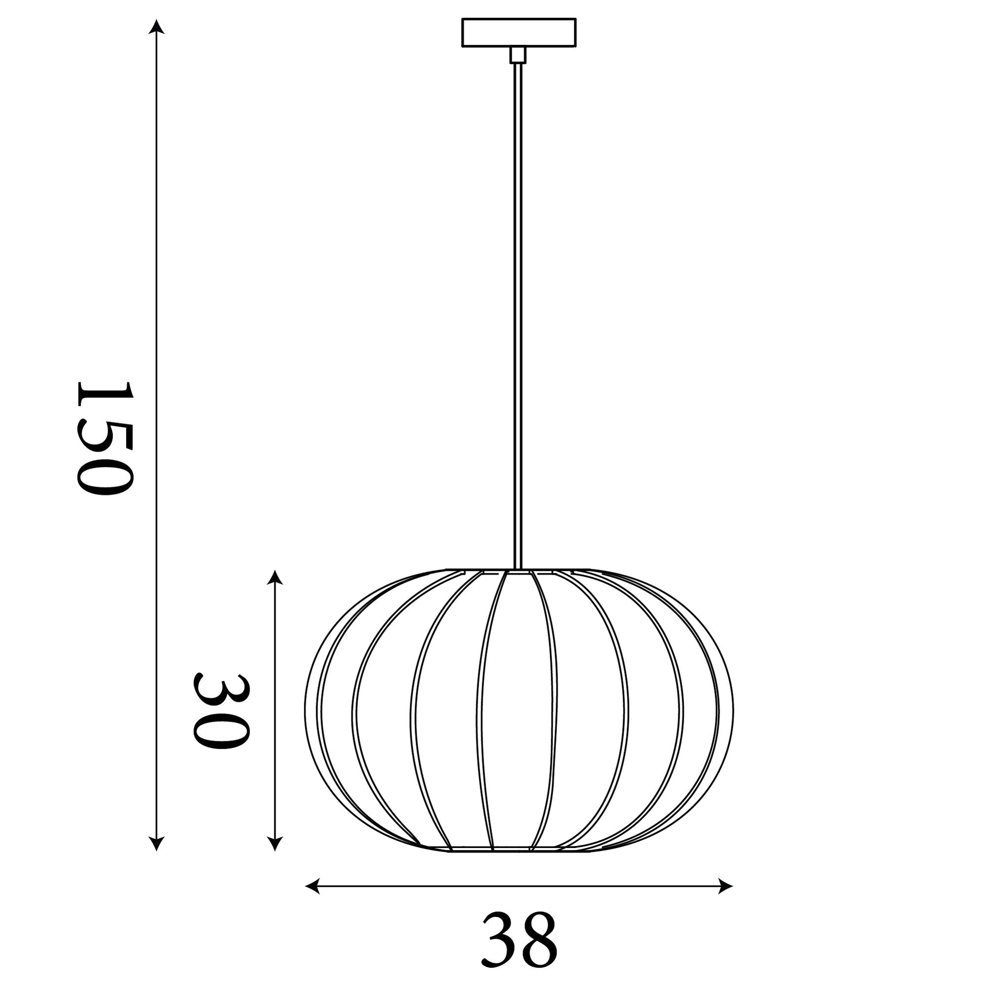 Technical line drawing of the Radiant pendant showing a 150cm drop, 38cm shade width and 30cm shade depth