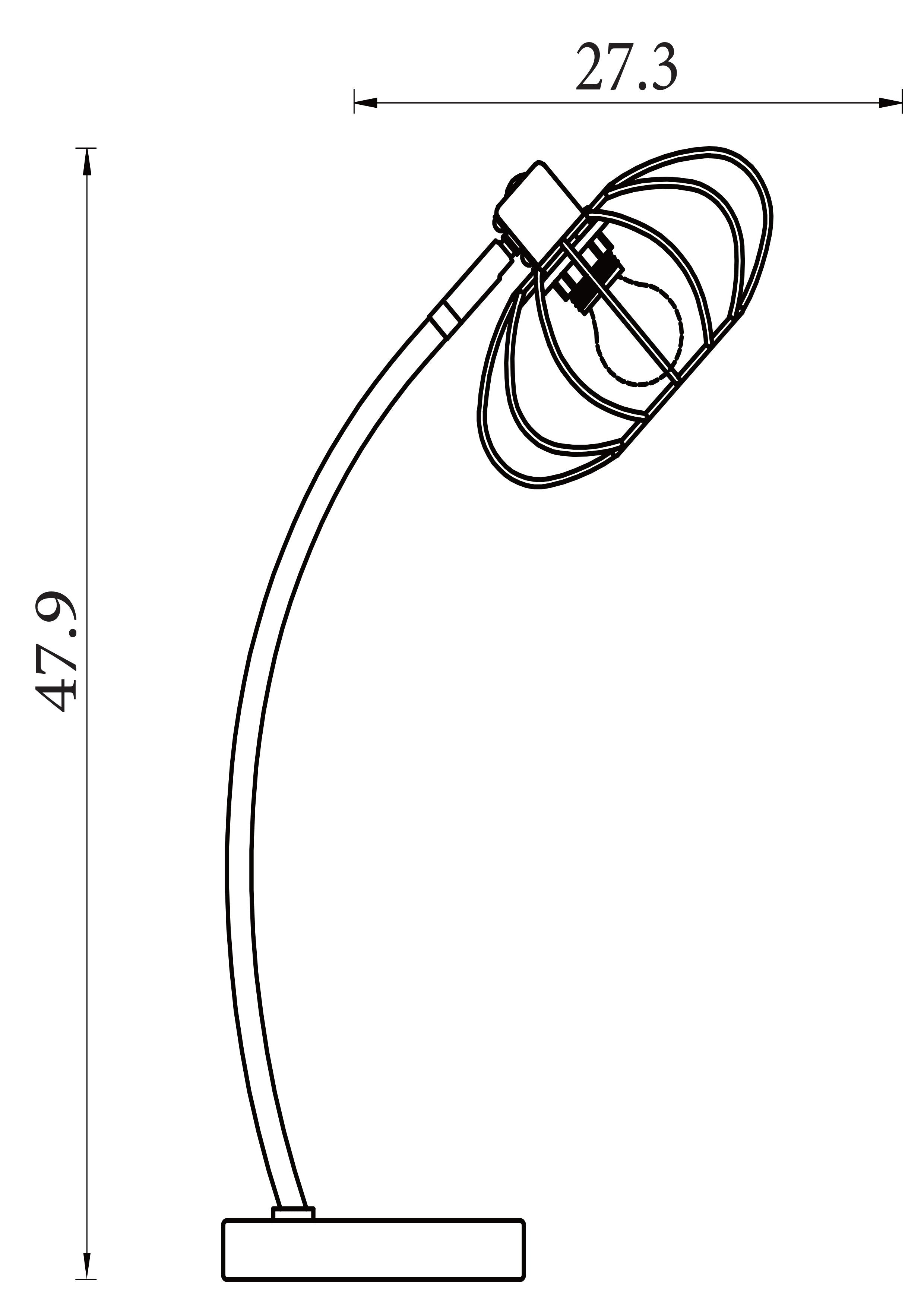Technical line drawing of the Radiant table lamp showing a 47.9cm height and 27.3cm shade width