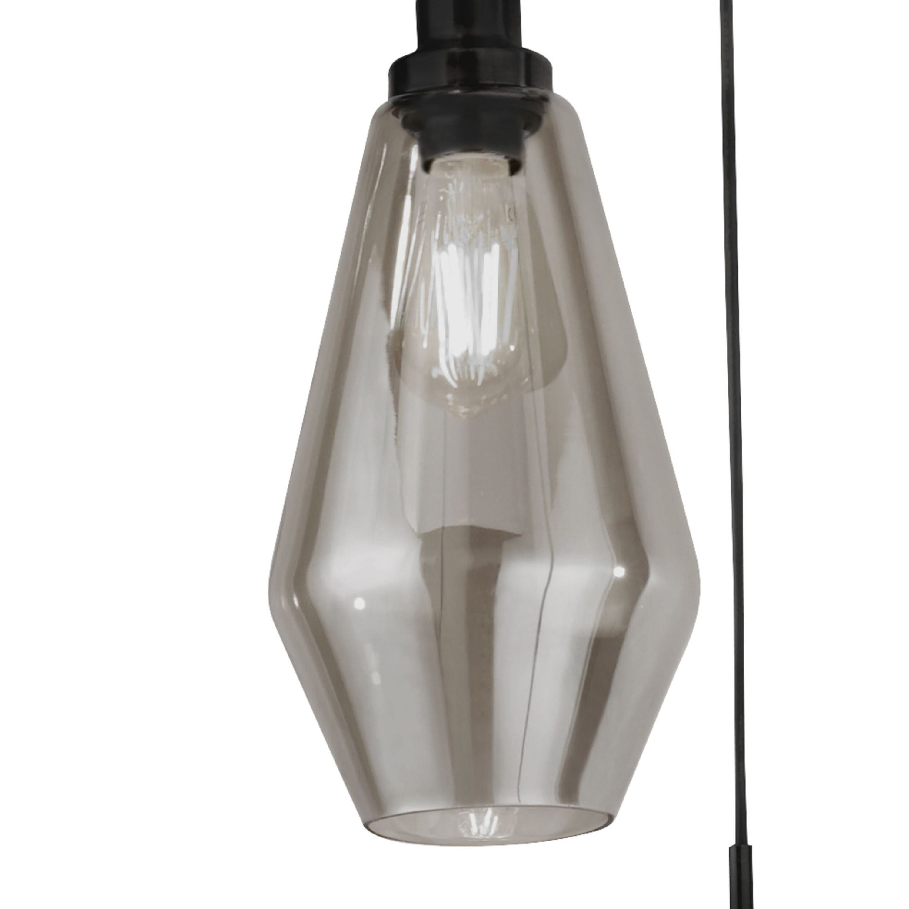 Close up of the Searchlight Mia pendant showing the black lampholder and faceted smoked glass shade with a lit filament style bulb inside