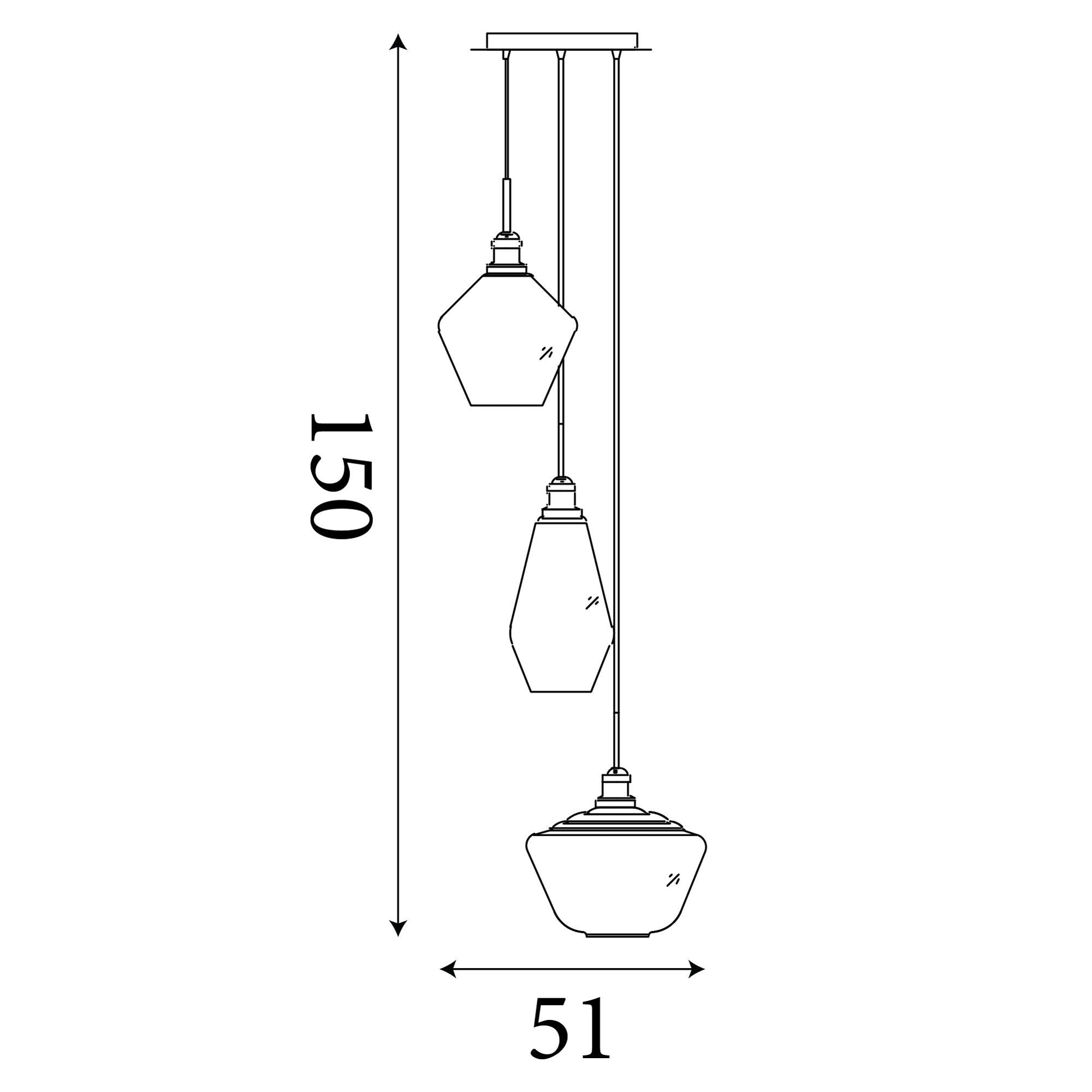 Technical line drawing of the Searchlight Mia 3 light multi drop pendant showing a 150cm maximum drop and 51cm width