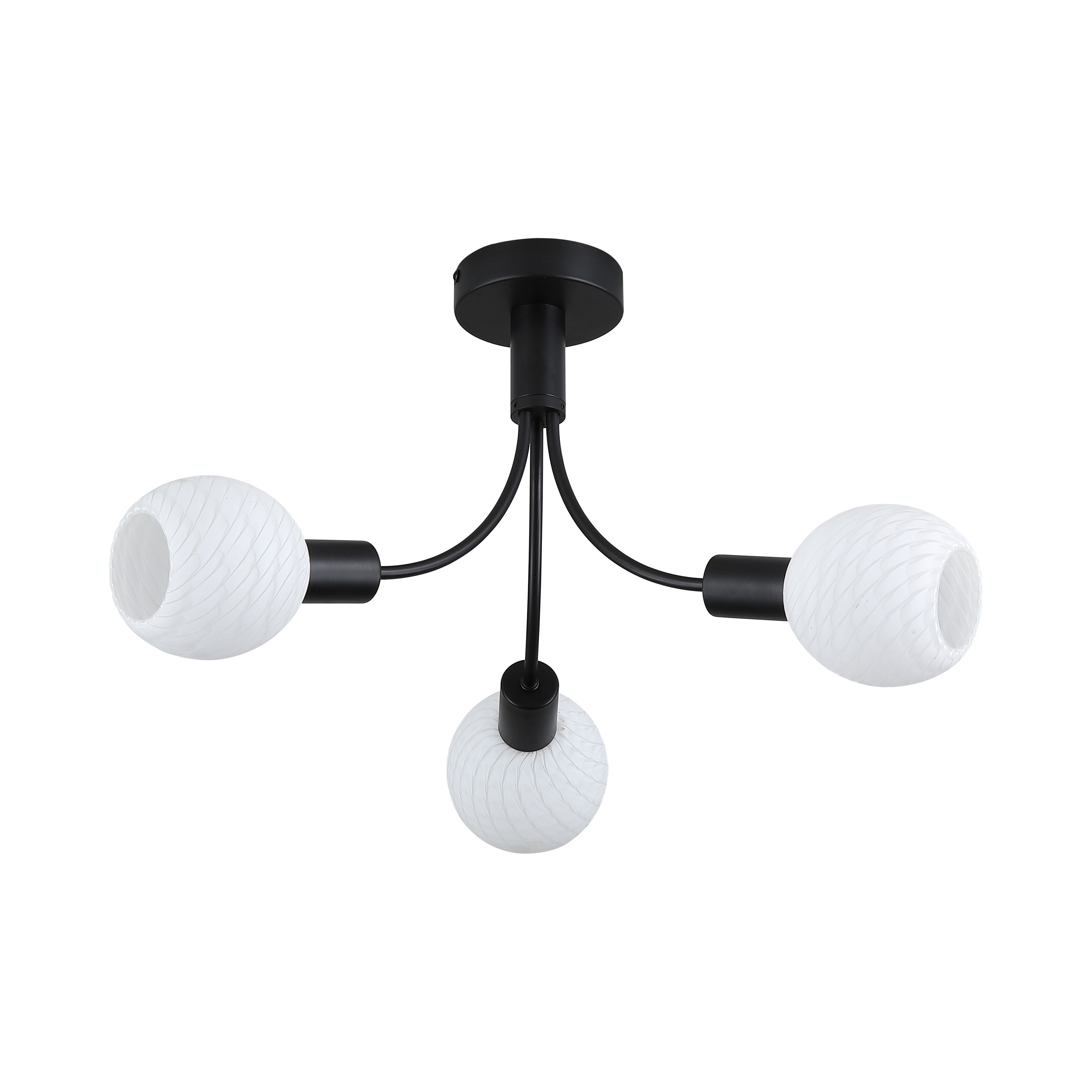 Searchlight Nova 3 Light Ceiling Lamp with curved black arms and spherical spiral textured opal glass shades, alternate studio angle