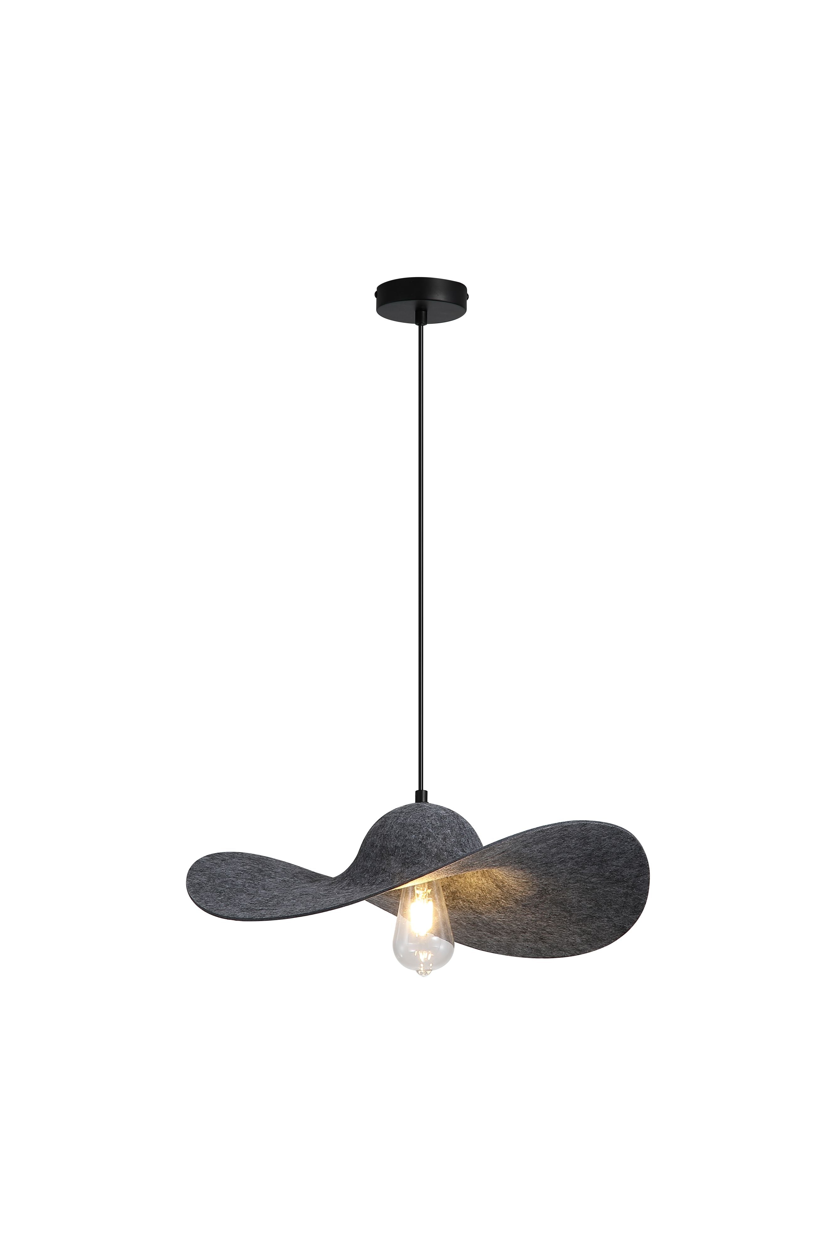 Searchlight Ripple pendant light with a black felt hat shaped shade, studio shot on a white background showing the full drop