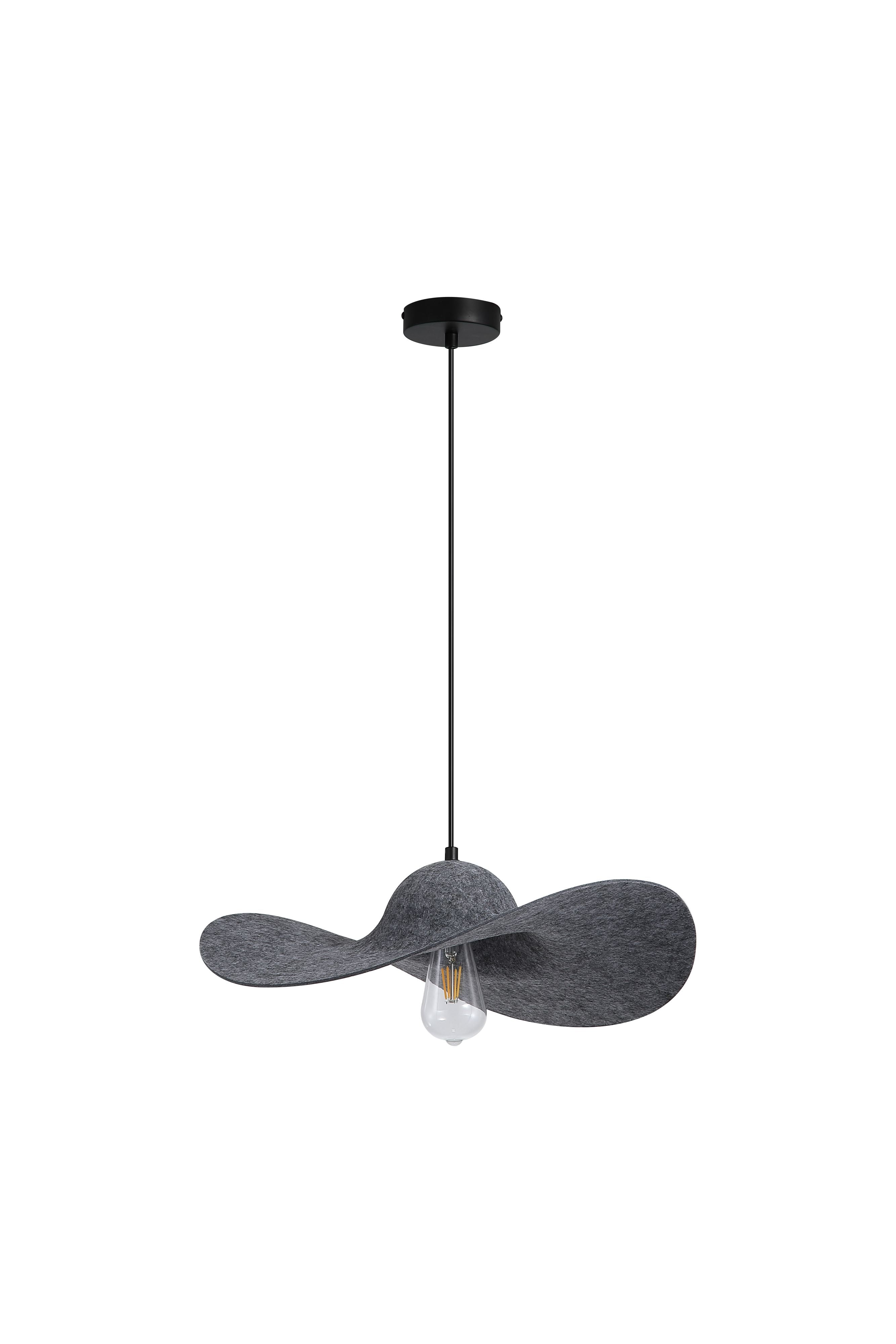 Ripple pendant light from a different angle, showing the uneven rippling brim of the black felt shade and exposed bulb