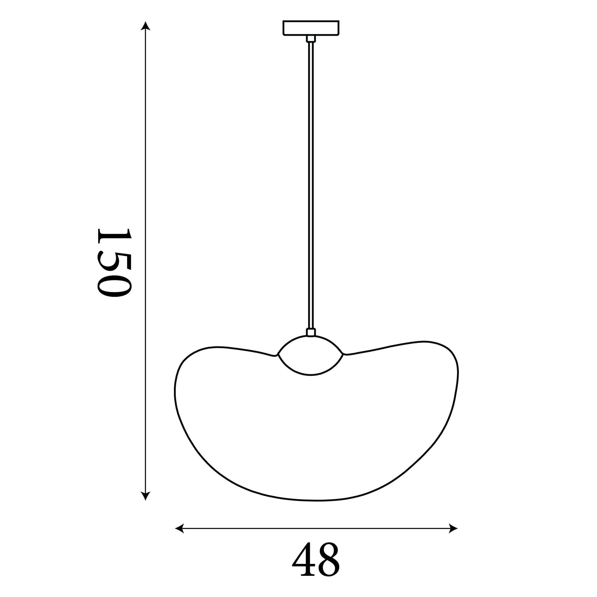 Line drawing of the Ripple pendant showing a 150cm maximum drop and a 48cm wide felt shade