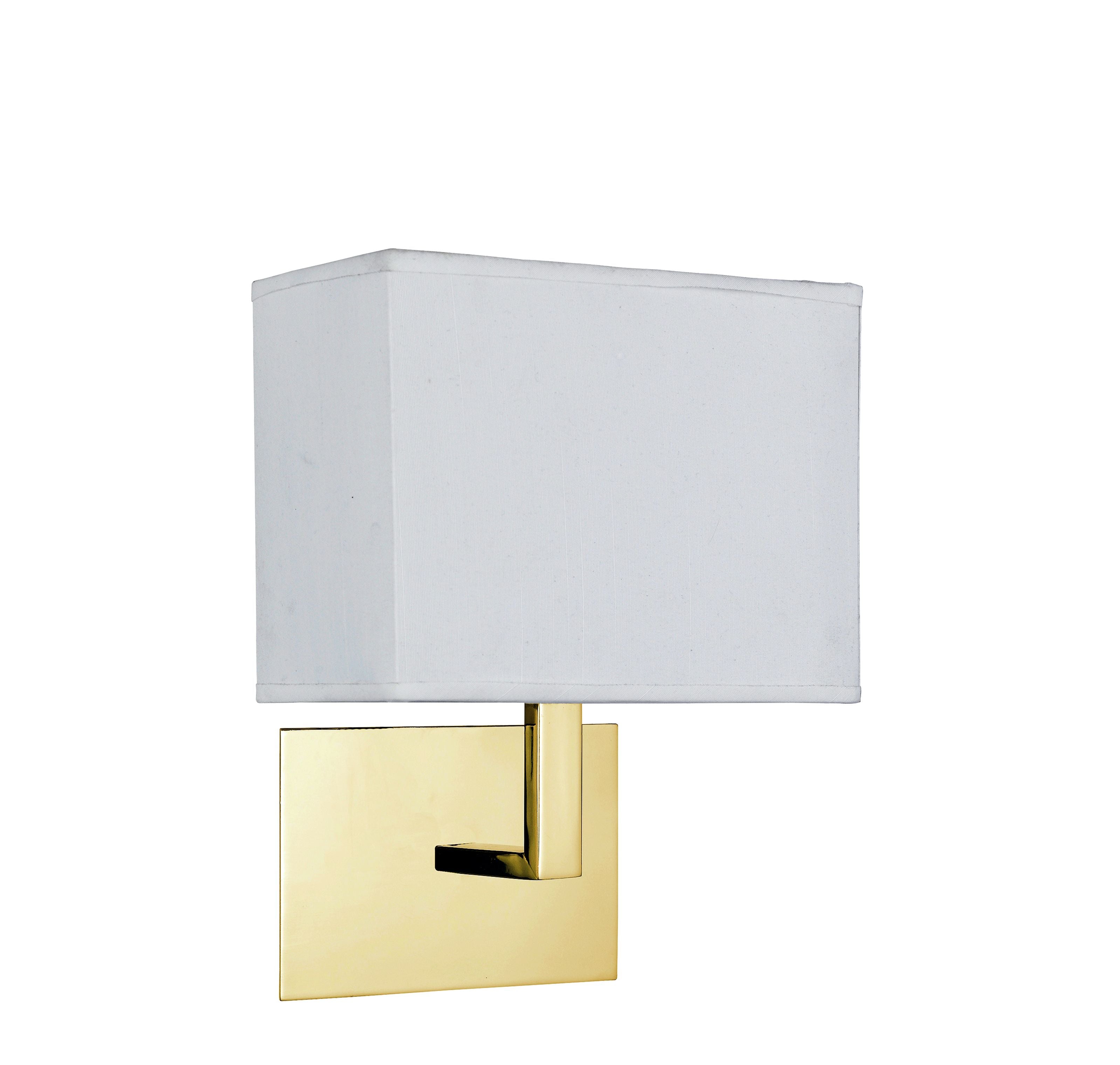 Searchlight Hotel Wall Light in satin brass with a white rectangular fabric shade, studio shot front angle