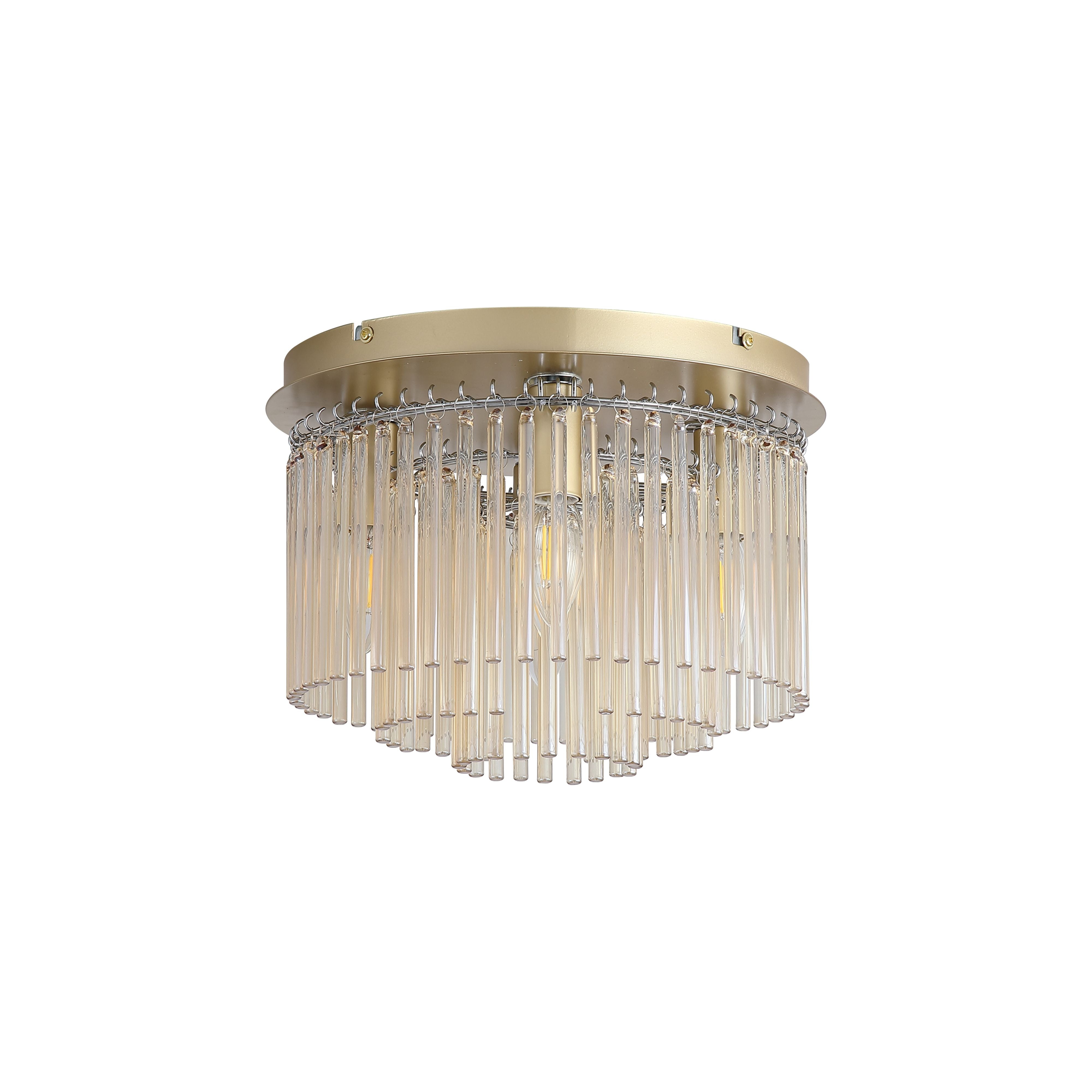 Searchlight Swizzle 5 light flush in gold with champagne glass rods, straight on studio view showing the tiered rod shade