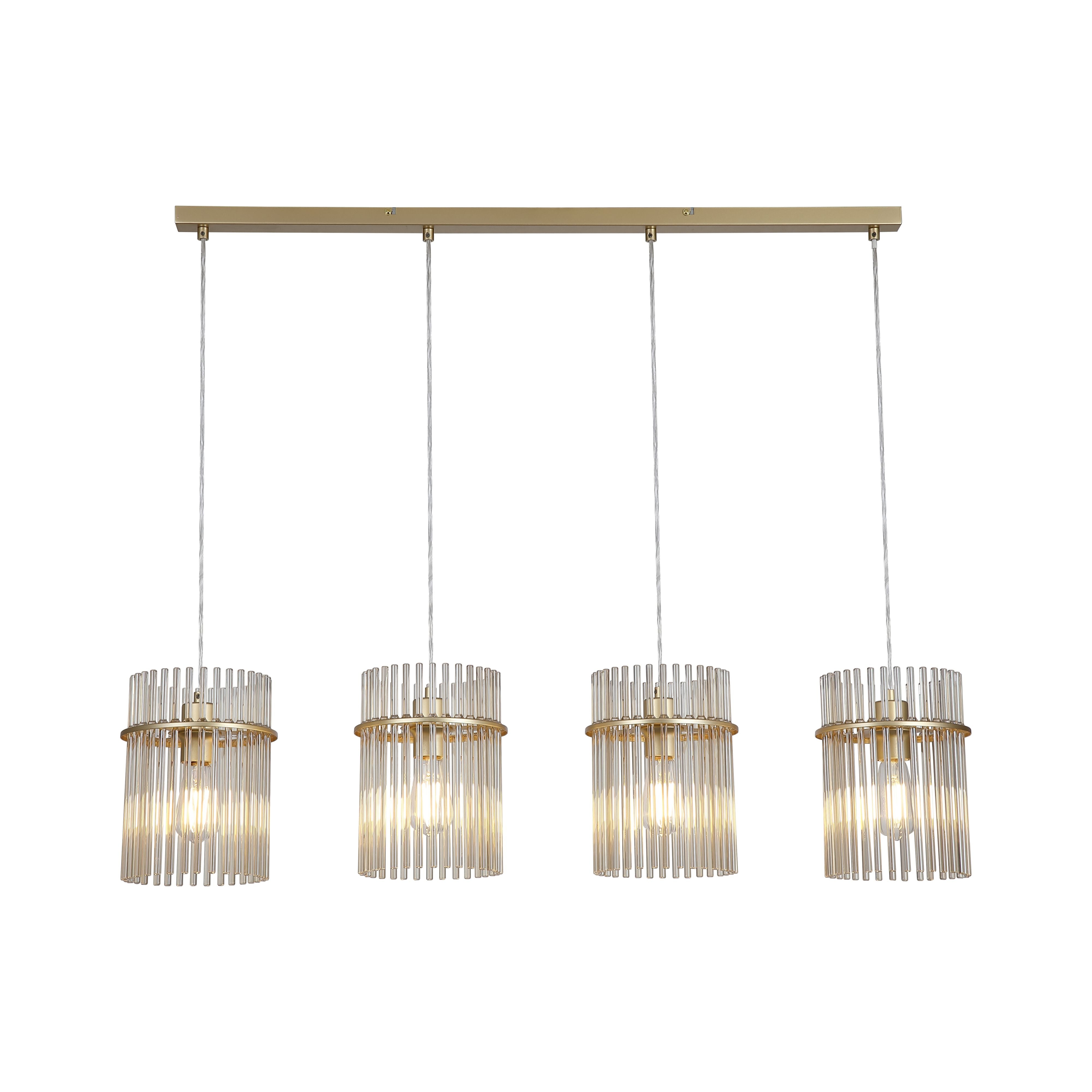 Searchlight Swizzle 4 light bar pendant in gold with champagne glass rods, studio shot on a plain white background