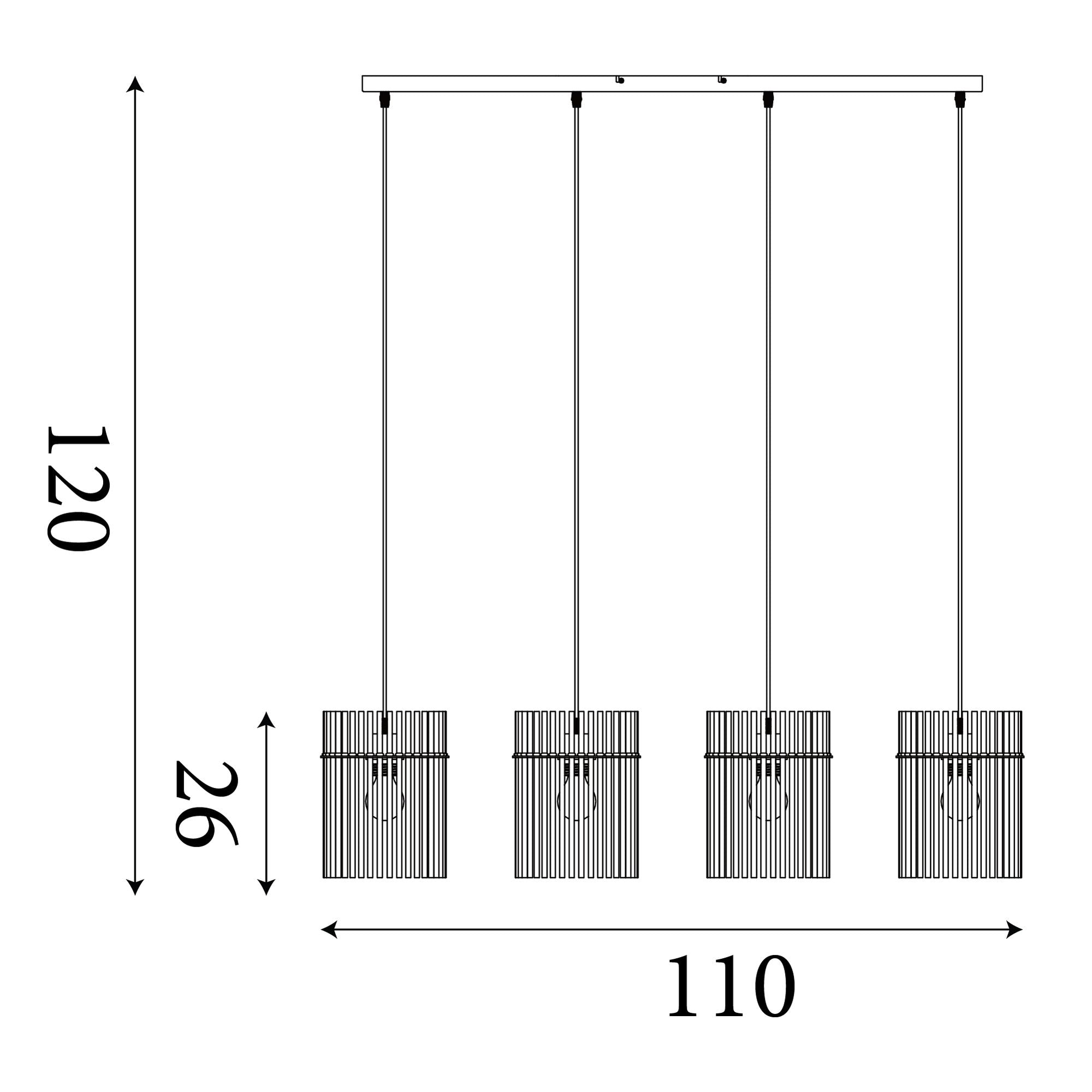 Technical line drawing of the Swizzle 4 light bar pendant showing a 120cm maximum drop, 26cm shade height and 110cm bar length