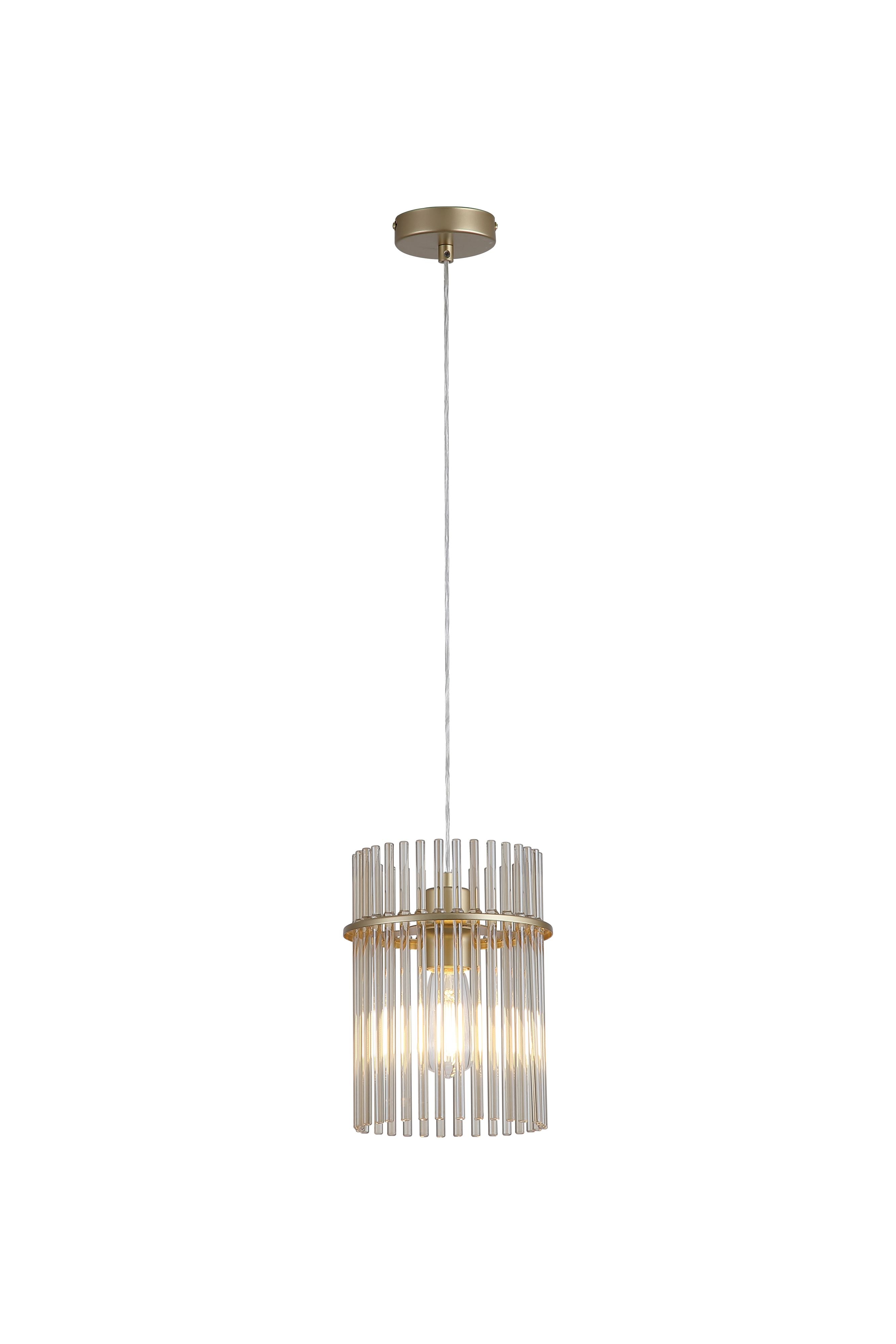 Searchlight Swizzle 20cm gold pendant light with champagne tinted glass rods, straight on studio shot with the bulb lit