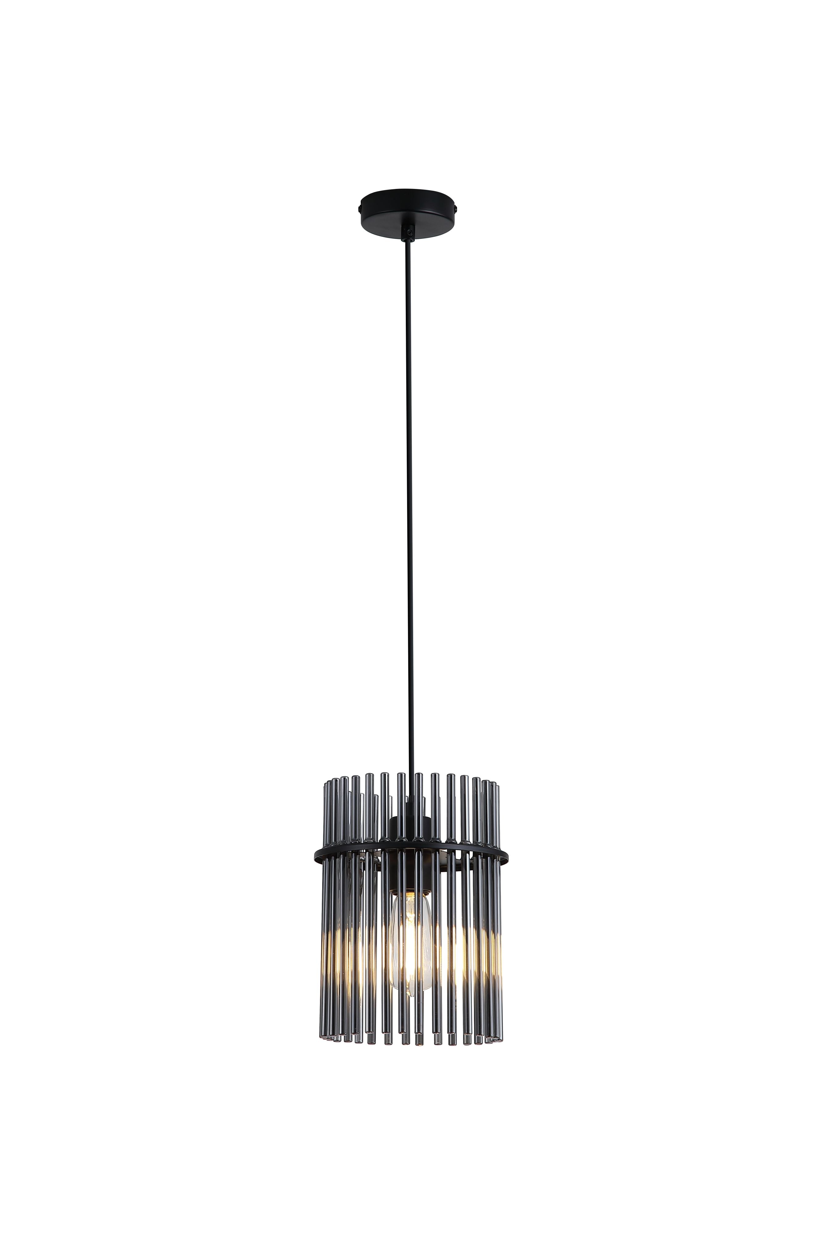Searchlight Swizzle 20cm pendant in matt black with smoked glass rods, studio shot on a plain white background