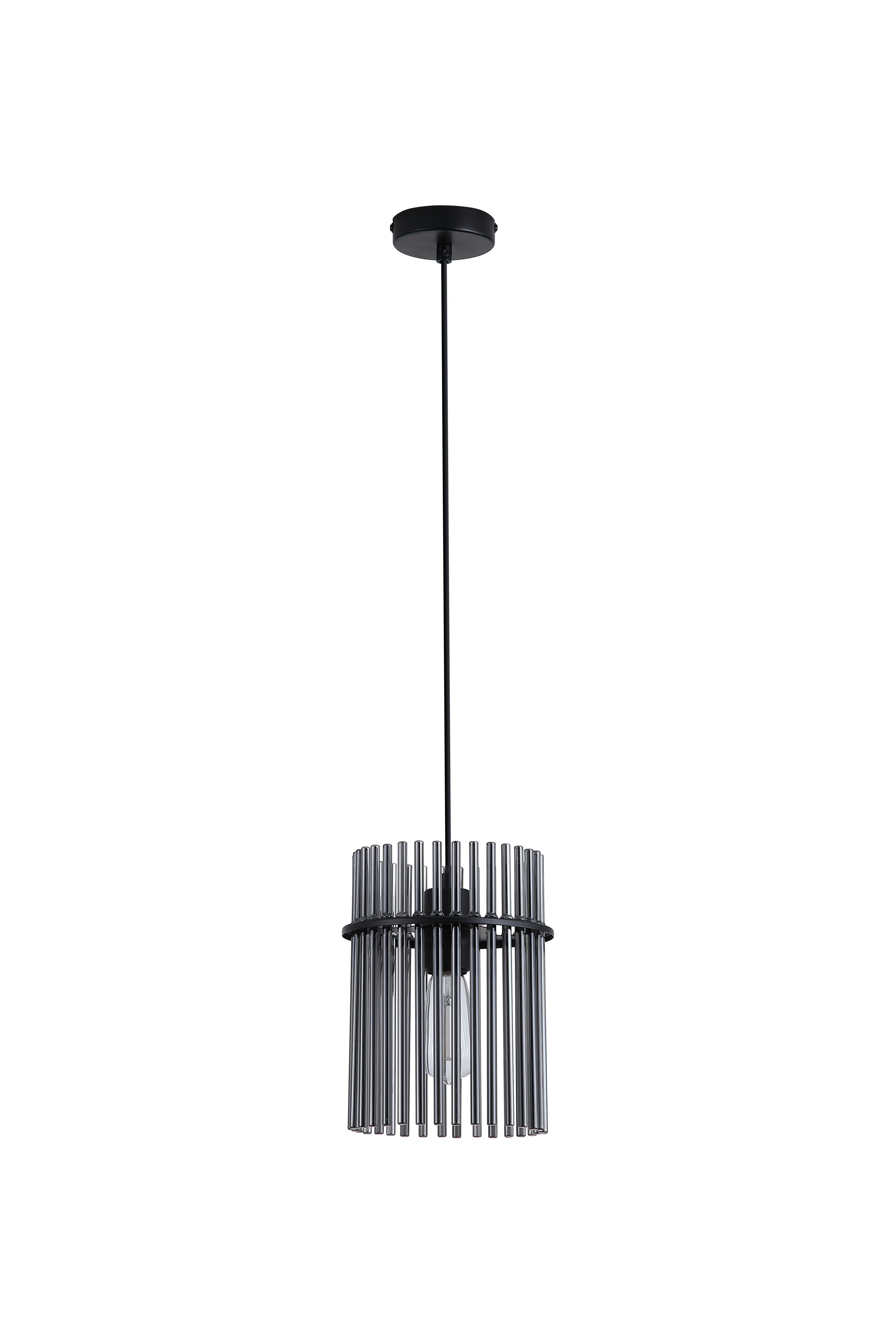 Searchlight Swizzle 20cm pendant in matt black with smoked glass rods, straight on studio view showing the full suspension cable