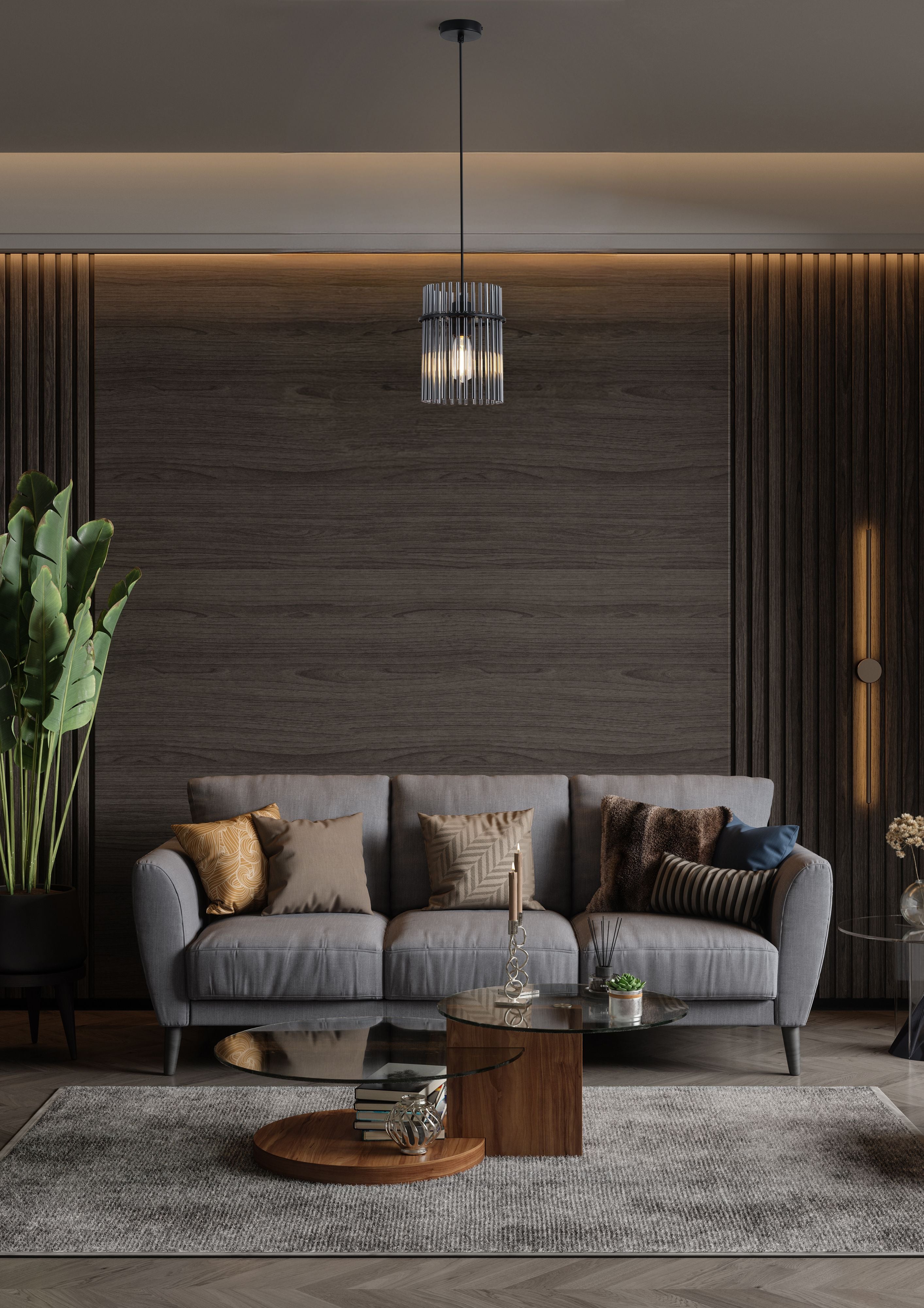 Searchlight Swizzle 20cm pendant in matt black styled above a coffee table in a modern grey and wood living room
