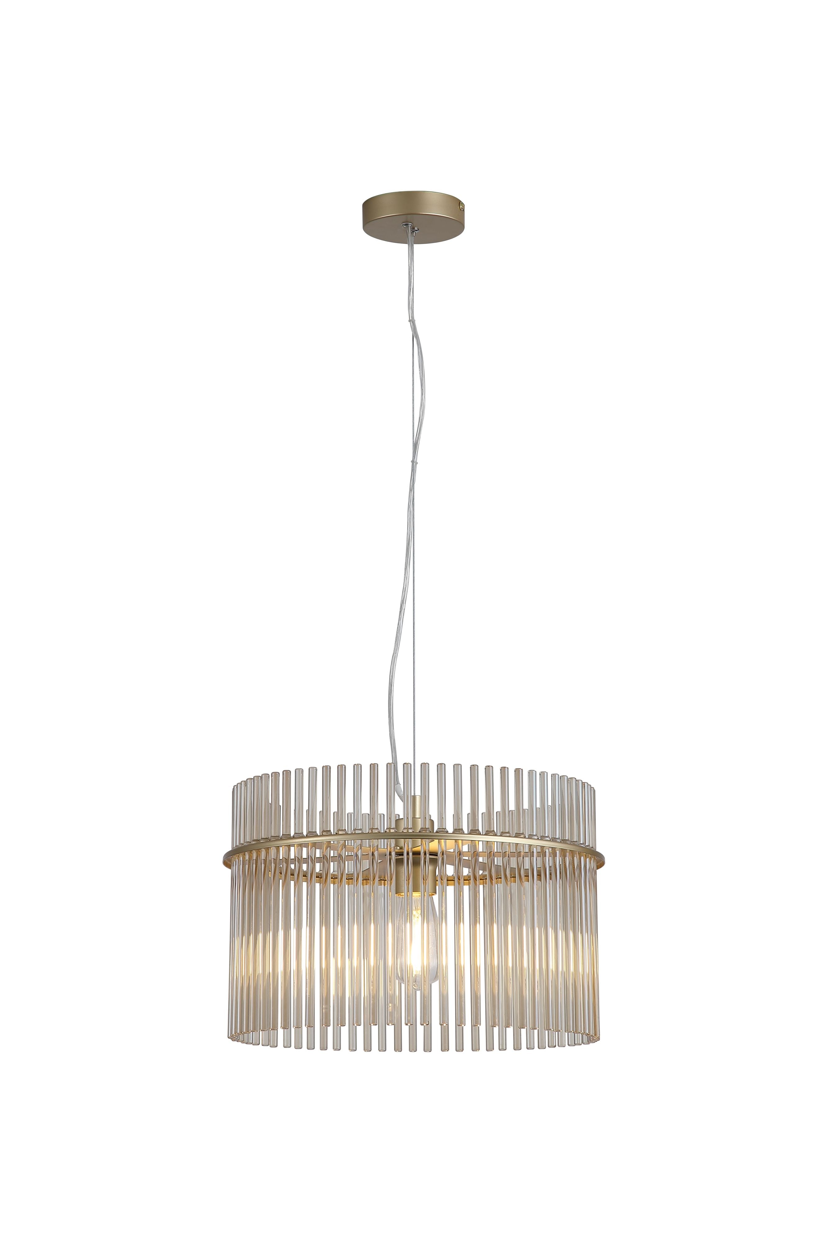 Searchlight Swizzle 40cm gold pendant light with champagne tinted glass rods, straight on studio shot with the bulb lit