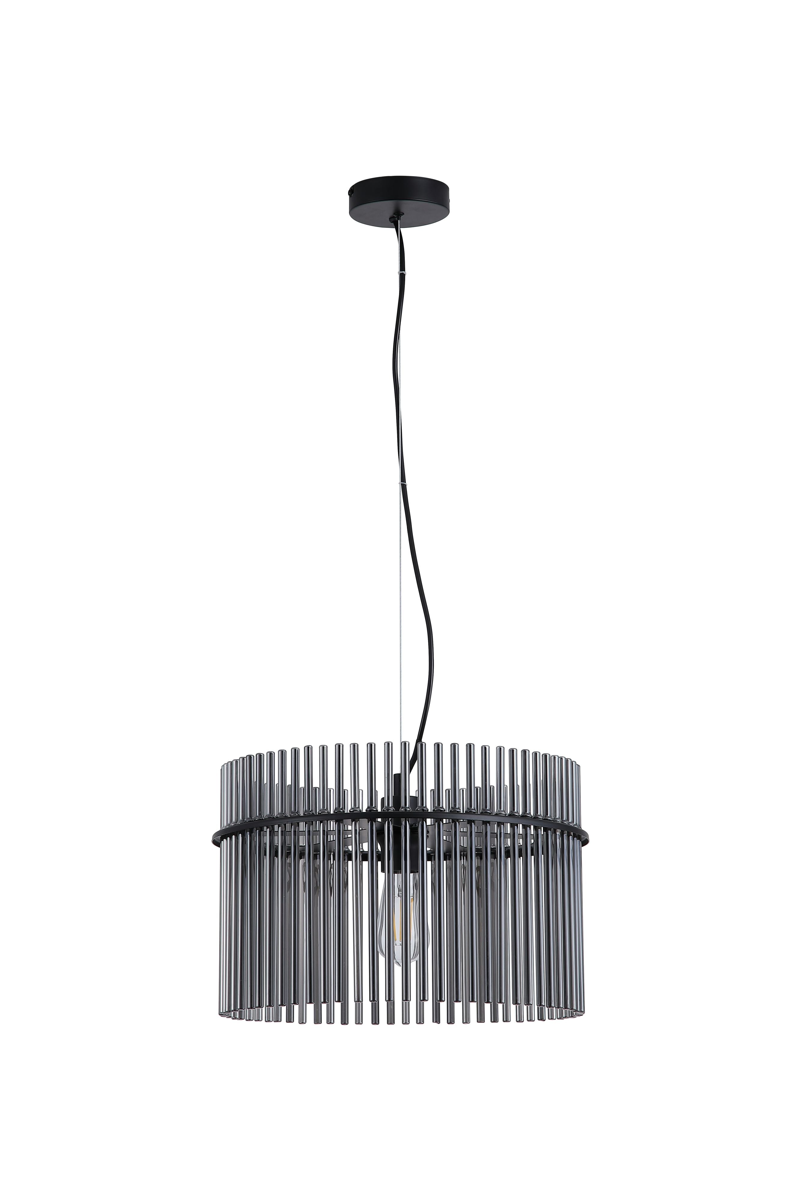 Searchlight Swizzle 40cm pendant in matt black with smoked glass rods, straight on studio view showing the full suspension cable