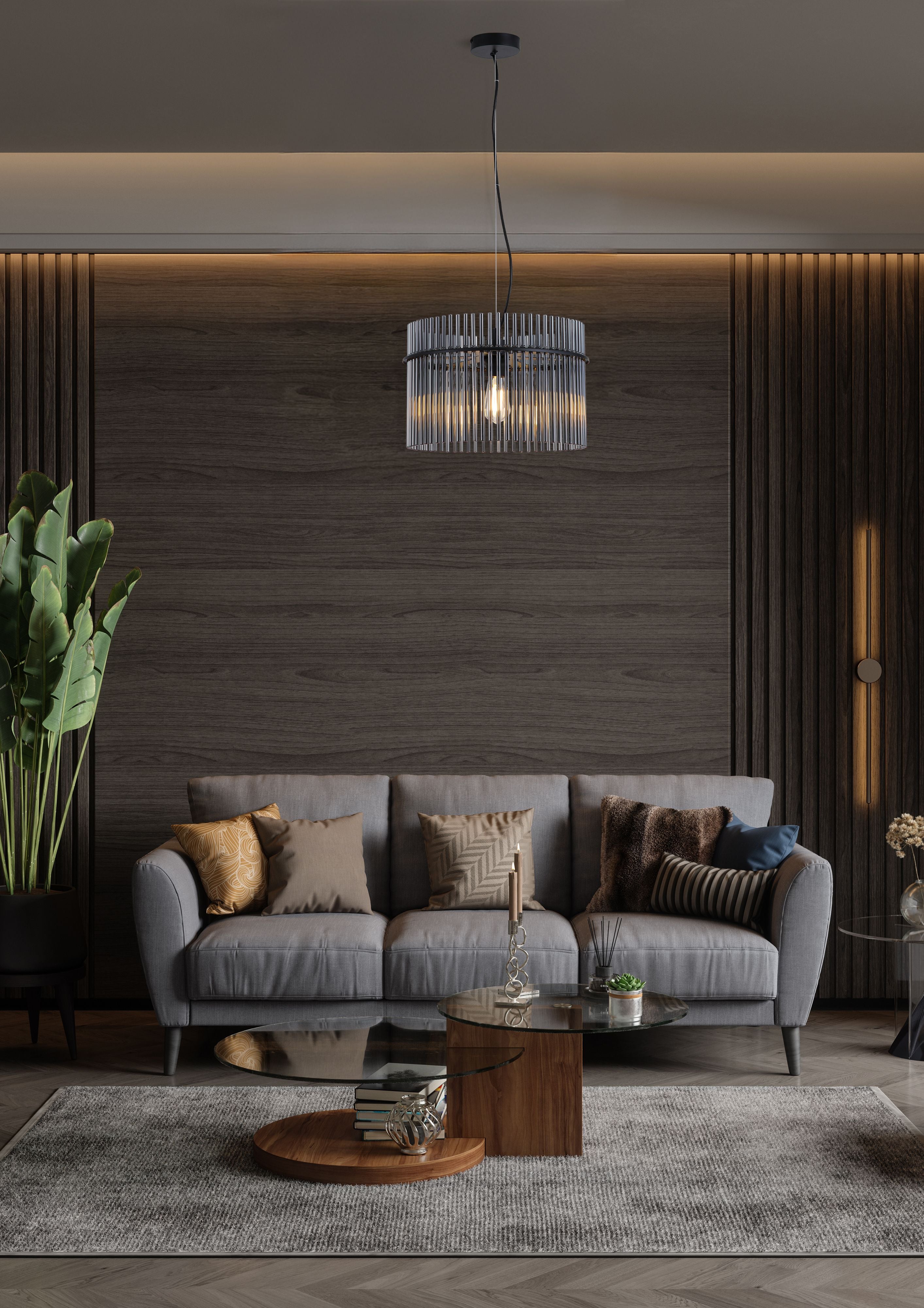 Searchlight Swizzle 40cm pendant in matt black styled above a coffee table in a modern grey and wood living room