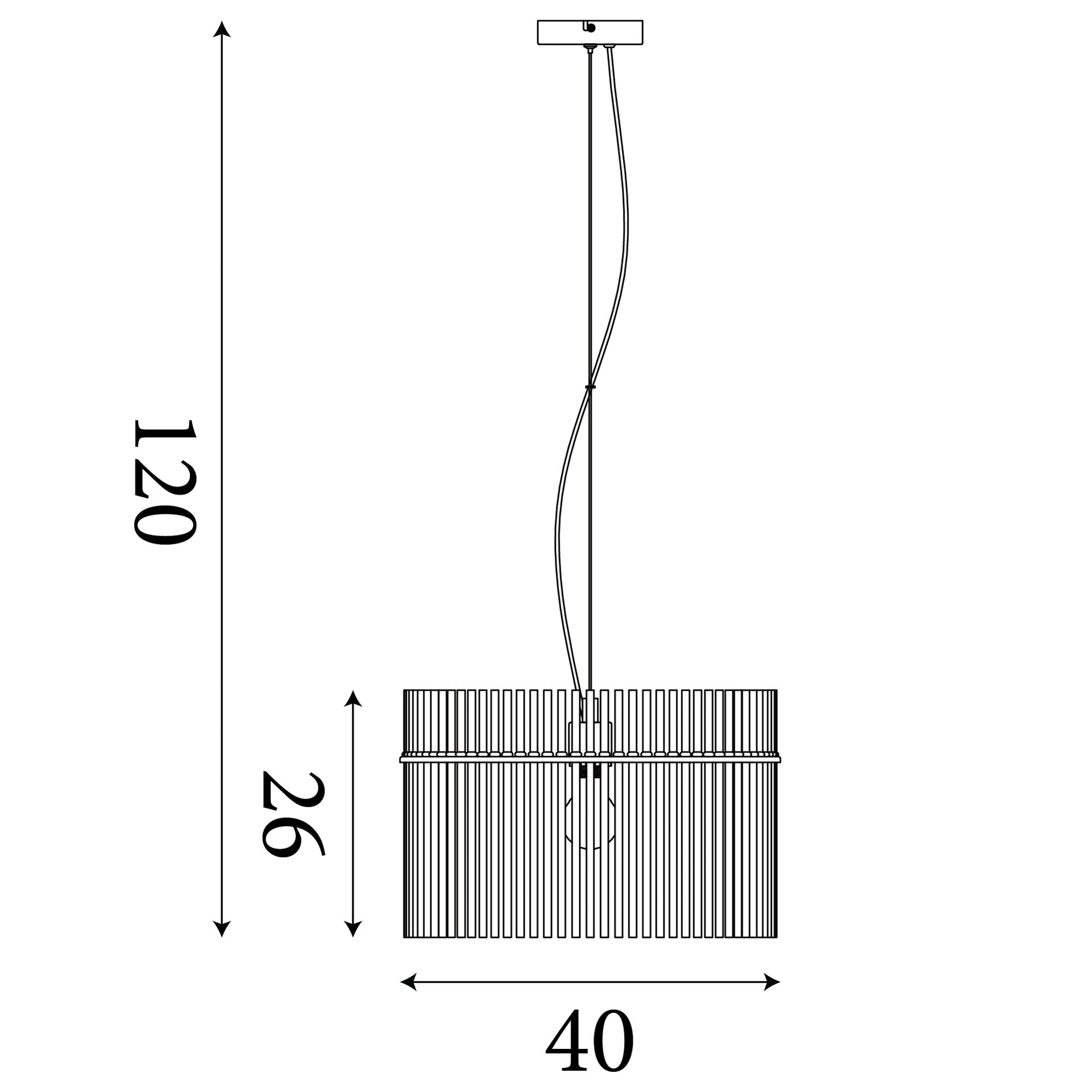 Technical line drawing of the Swizzle 40cm pendant showing a 120cm maximum drop, 26cm shade height and 40cm diameter