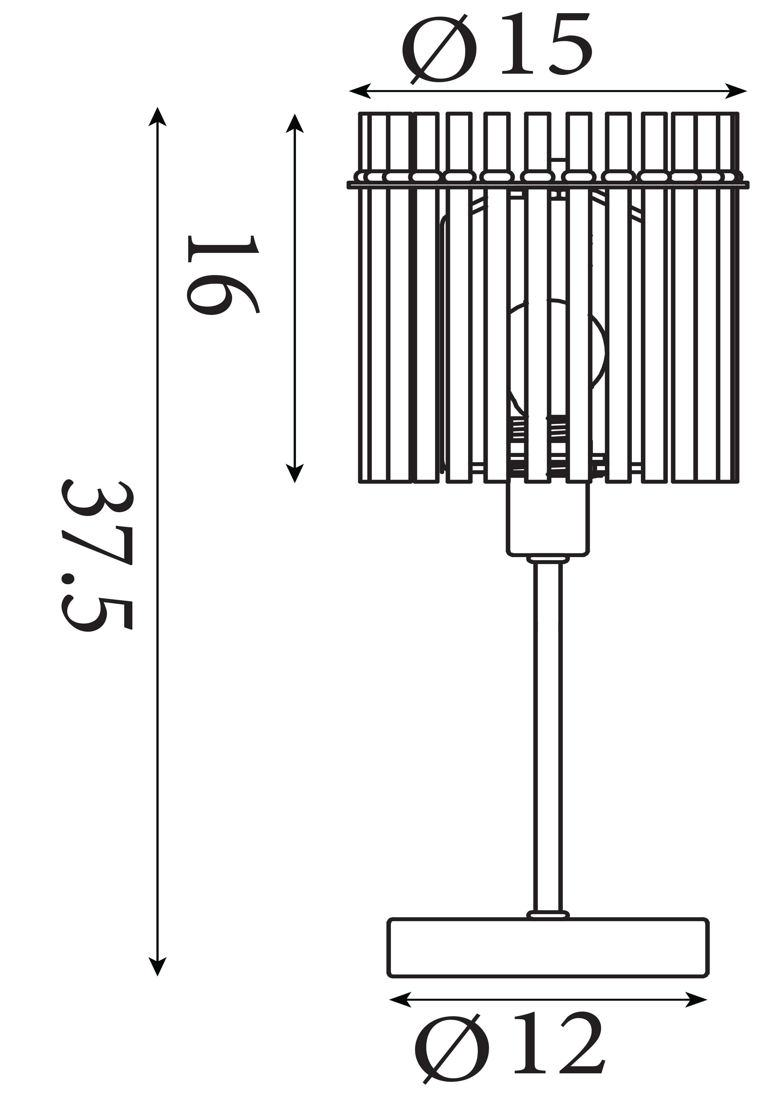 Technical line drawing of the Swizzle gold table lamp showing 37.5cm height, 15cm shade diameter and 12cm base diameter