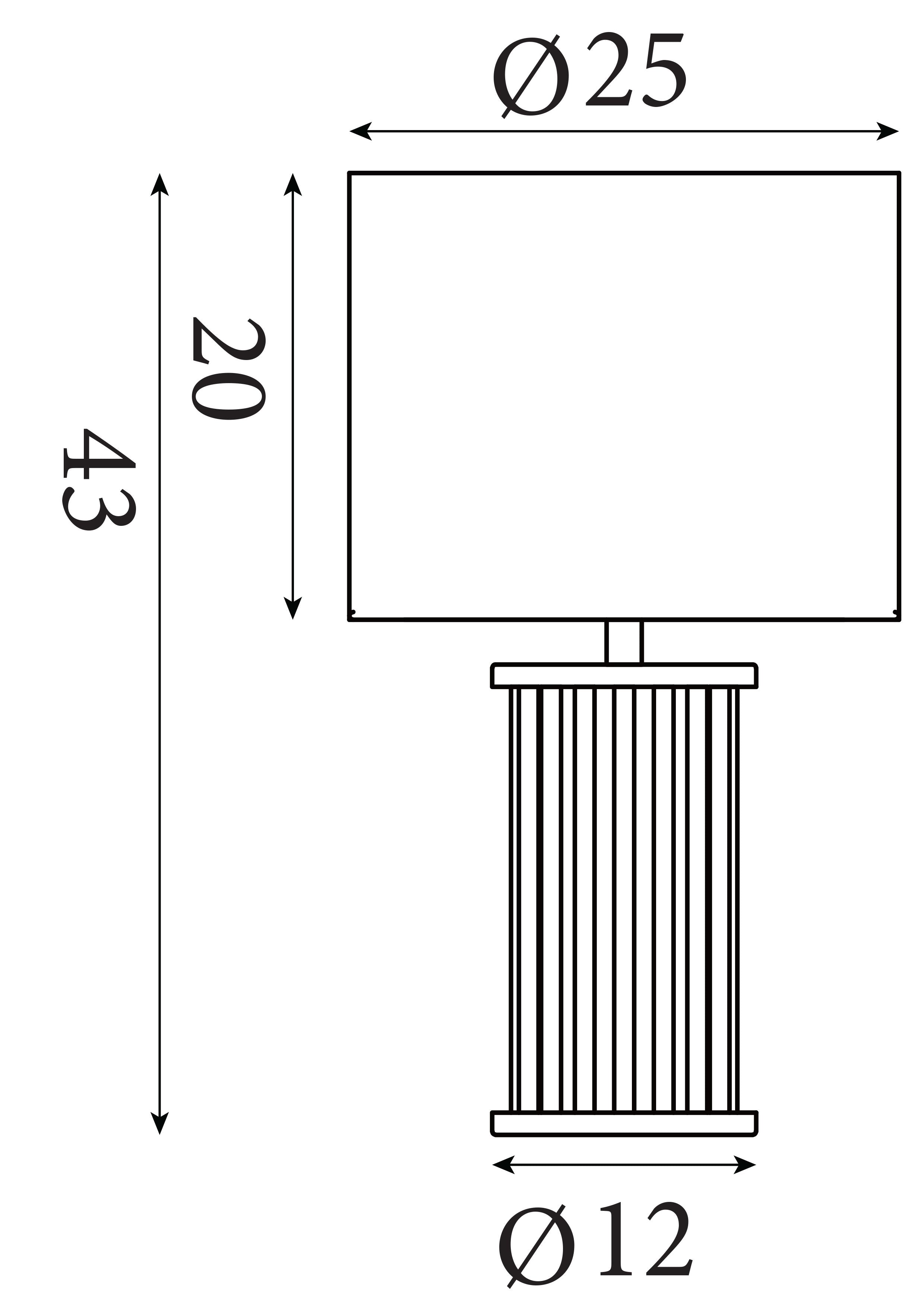 Technical line drawing of the Swizzle table lamp showing a height of 40cm, shade diameter 25cm and base diameter 12cm