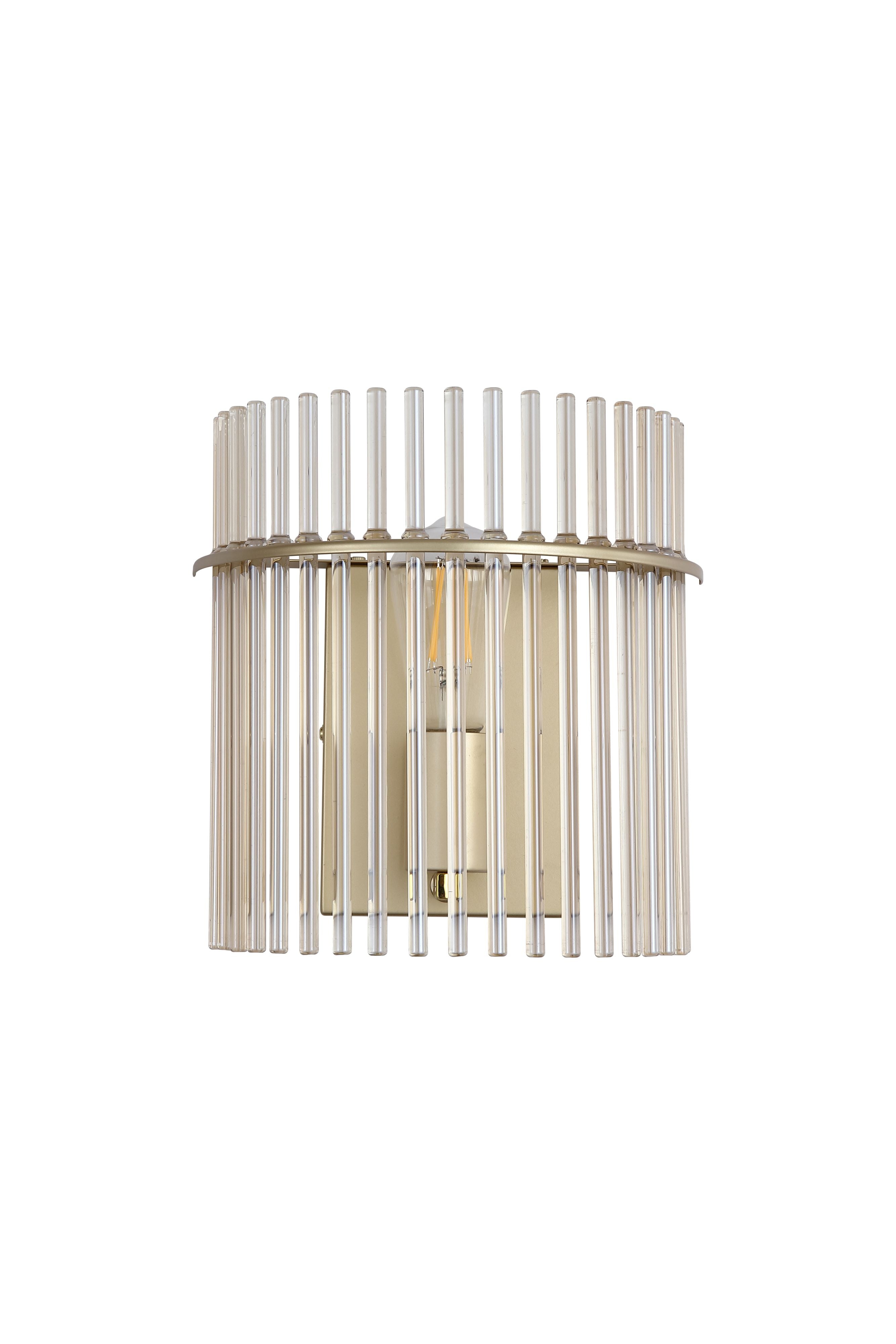 Searchlight Swizzle gold wall light with champagne tinted glass rods, studio shot on a plain white background with the bulb lit