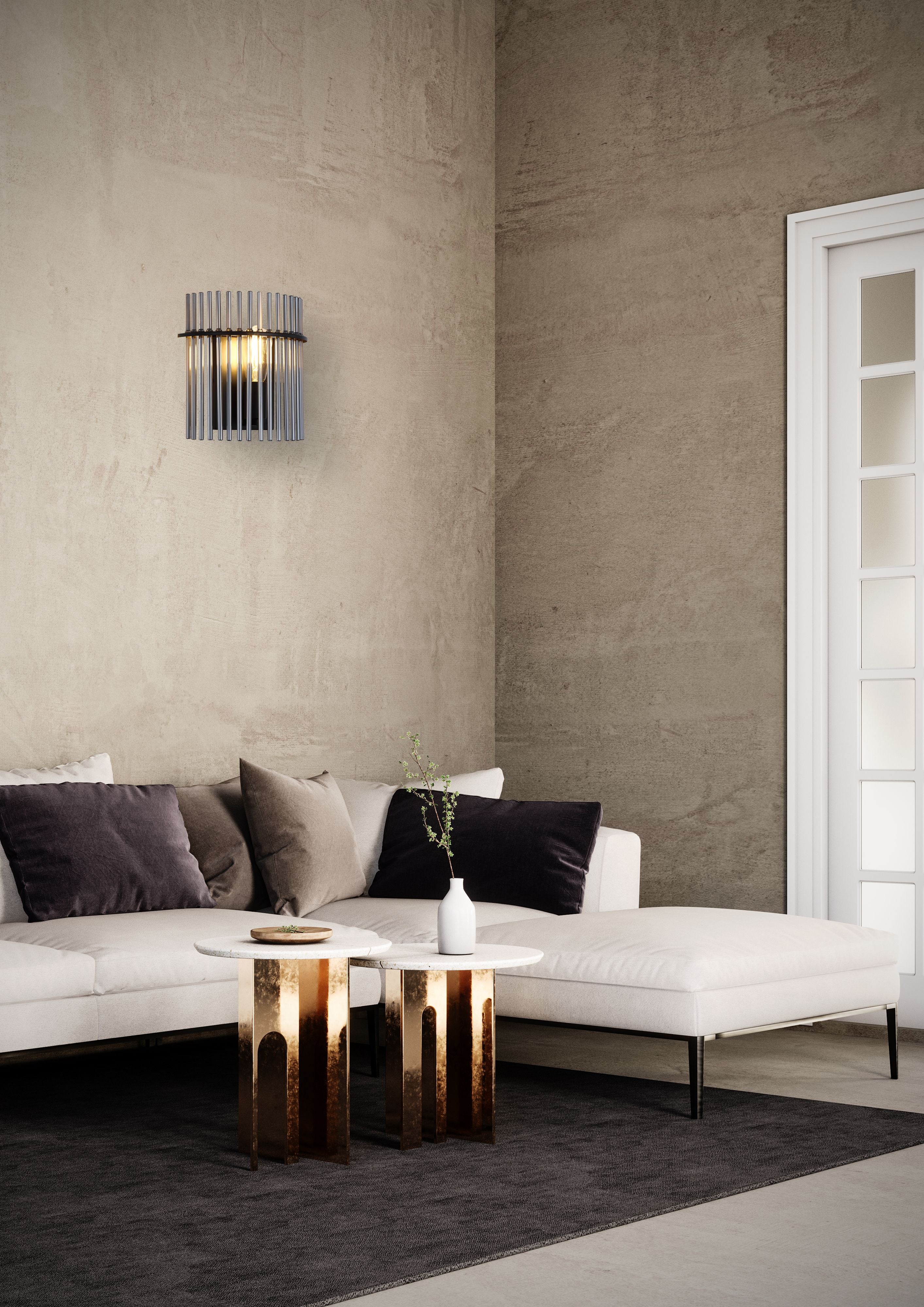 Searchlight Swizzle wall light in matt black mounted on a textured beige wall above a round side table, lit in a living room corner