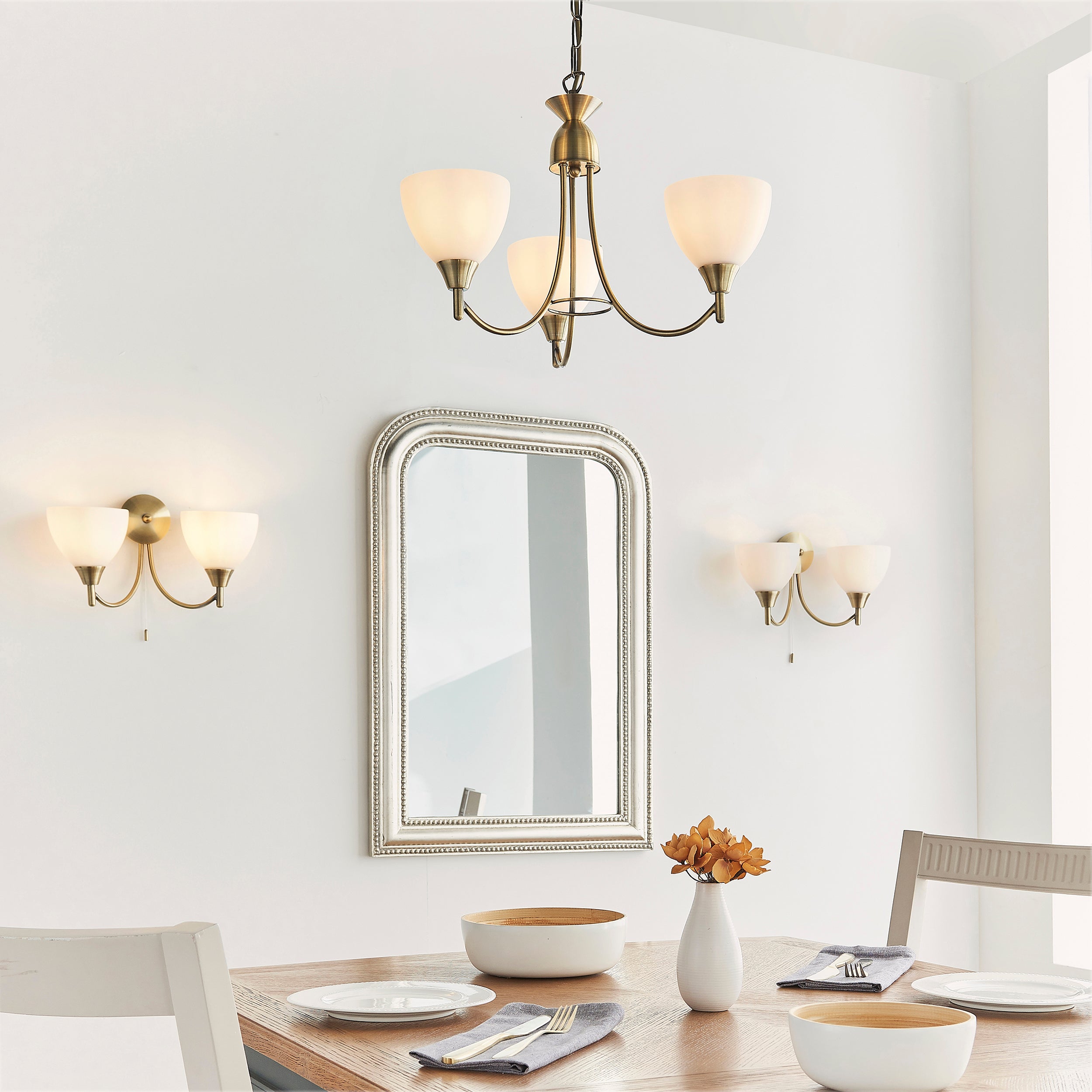 Endon Alton 3 Light Pendant - Antique Brass & Matt Opal Glass